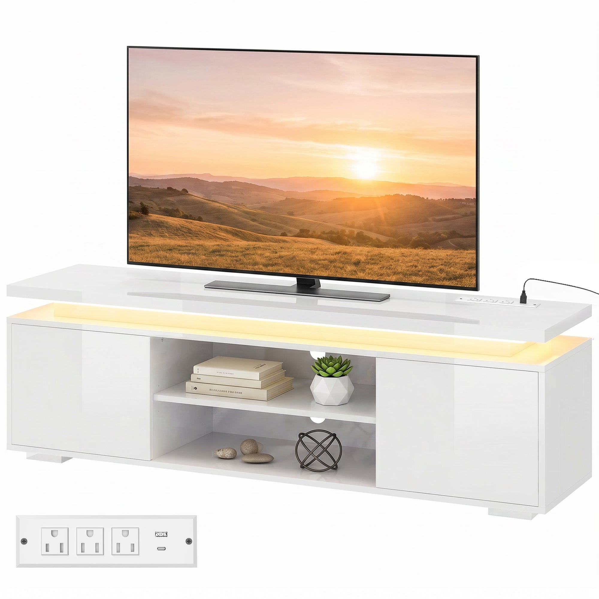TV Stand for TVs up to 60 Inch, Modern Entertainment Center with LED Lights and Power Outlets, Media Console Table with 2 Cabinets & Adjustable Open Shelf, High Gloss White