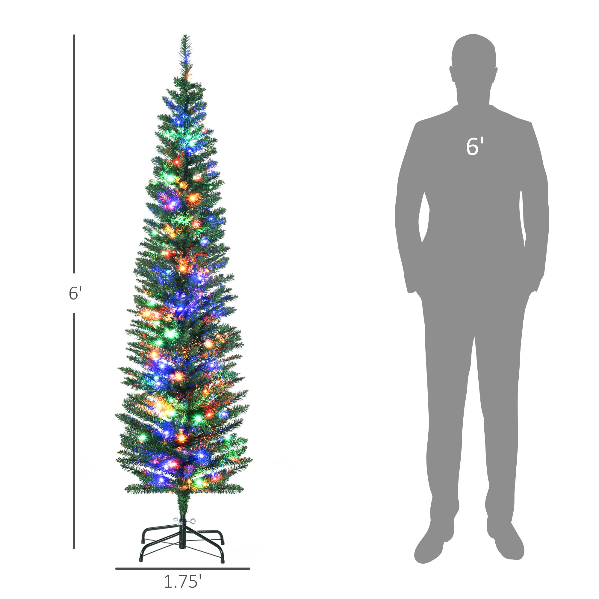 6' Artificial Pencil Christmas Trees Holiday Decoration with Colorful LED Lights, Steel Base, Skinny Shape