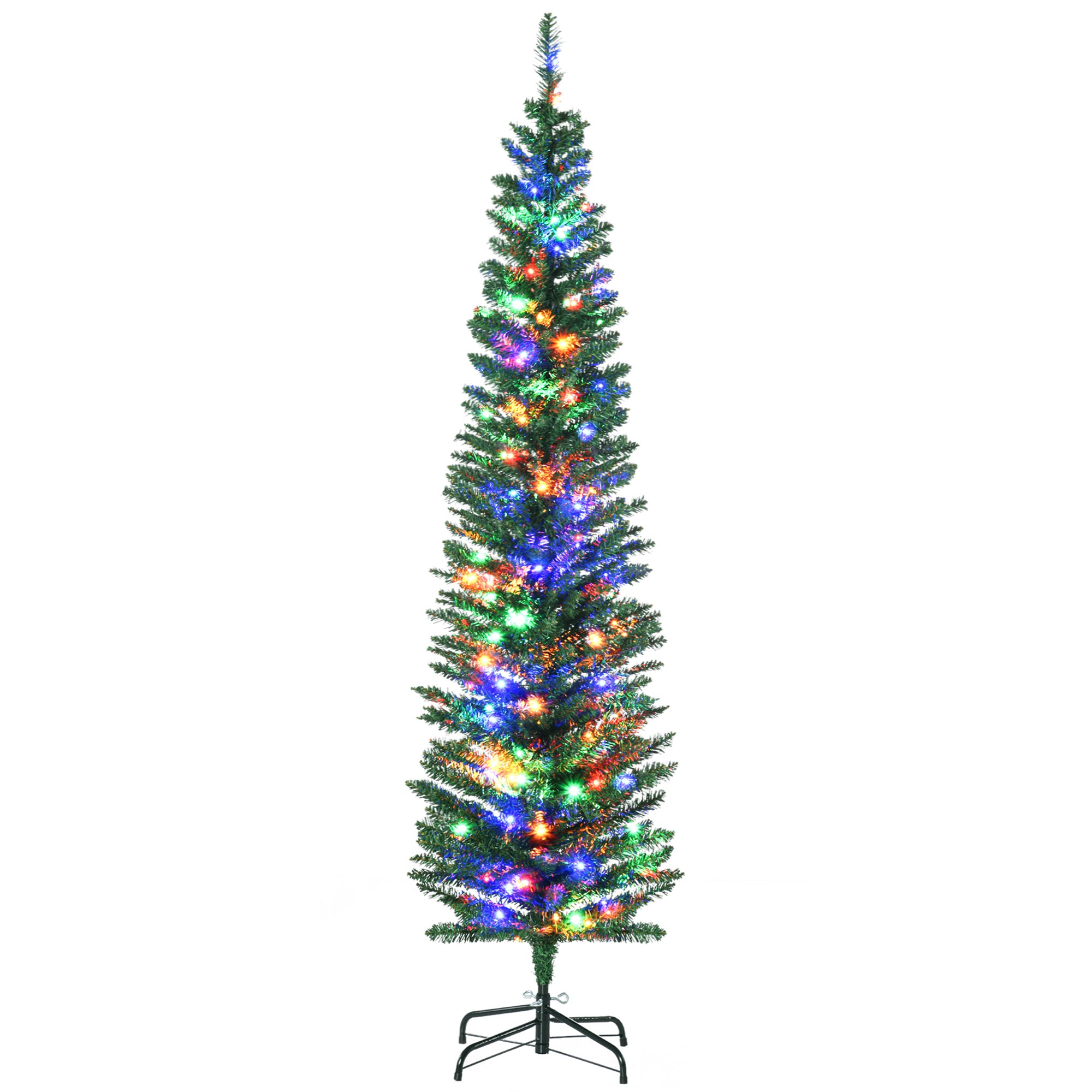 HOMCOM 6ft Tall Pencil Prelit Artificial Christmas Tree Holiday Décor with Branches, Colourful LED Lights, Steel Base, Green
