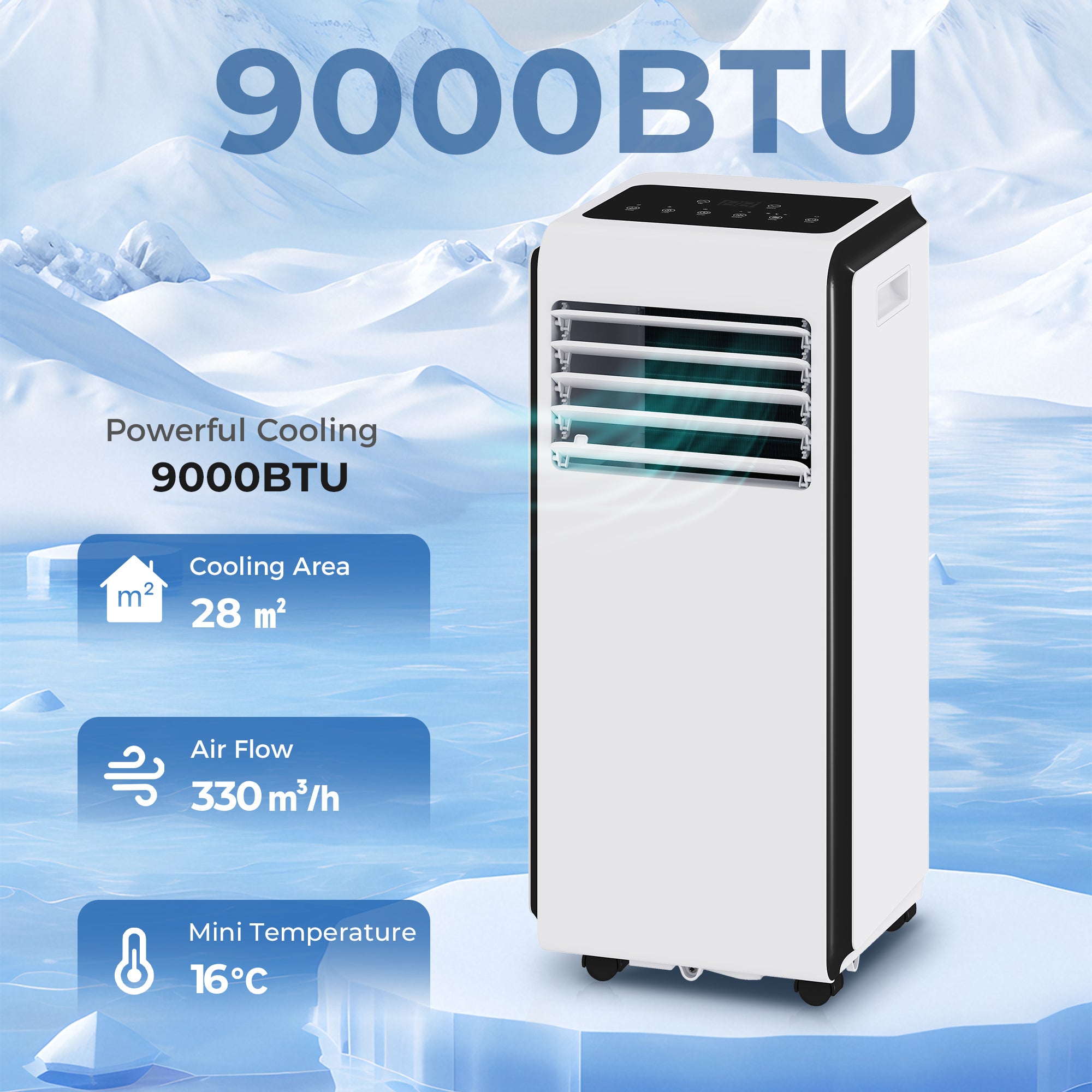 Portable Air Conditioner 9000 BTU, 4-in-1 Air Conditioning Unit with Cooling, Dehumidifier, Fan, Sleep Mode, Remote Control, 24H Timer, 2 Speeds, Child Lock, Window Kit, for Room up to 28 m²