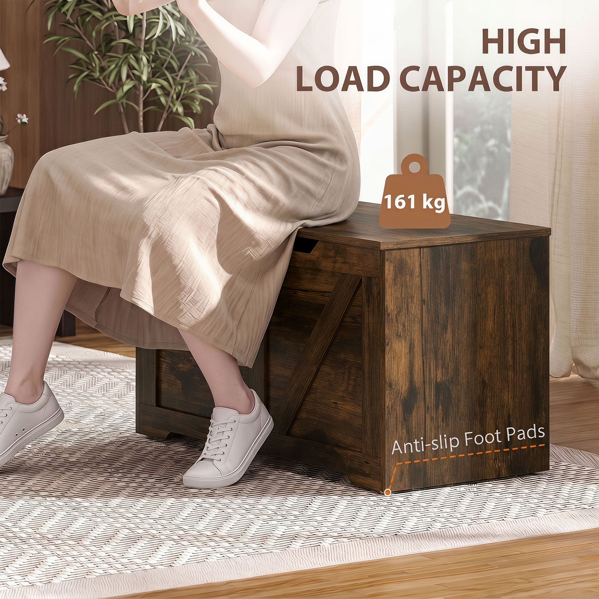 100L Storage Chest, Shoe Storage Trunk Bench Box with Safety Hinge and U-shaped Cut-out Pull, Blanket Box Ottoman for Bedroom, Living Room, Entryway, 80 x 40 x 45 cm, Rustic Brown Wood-Effect