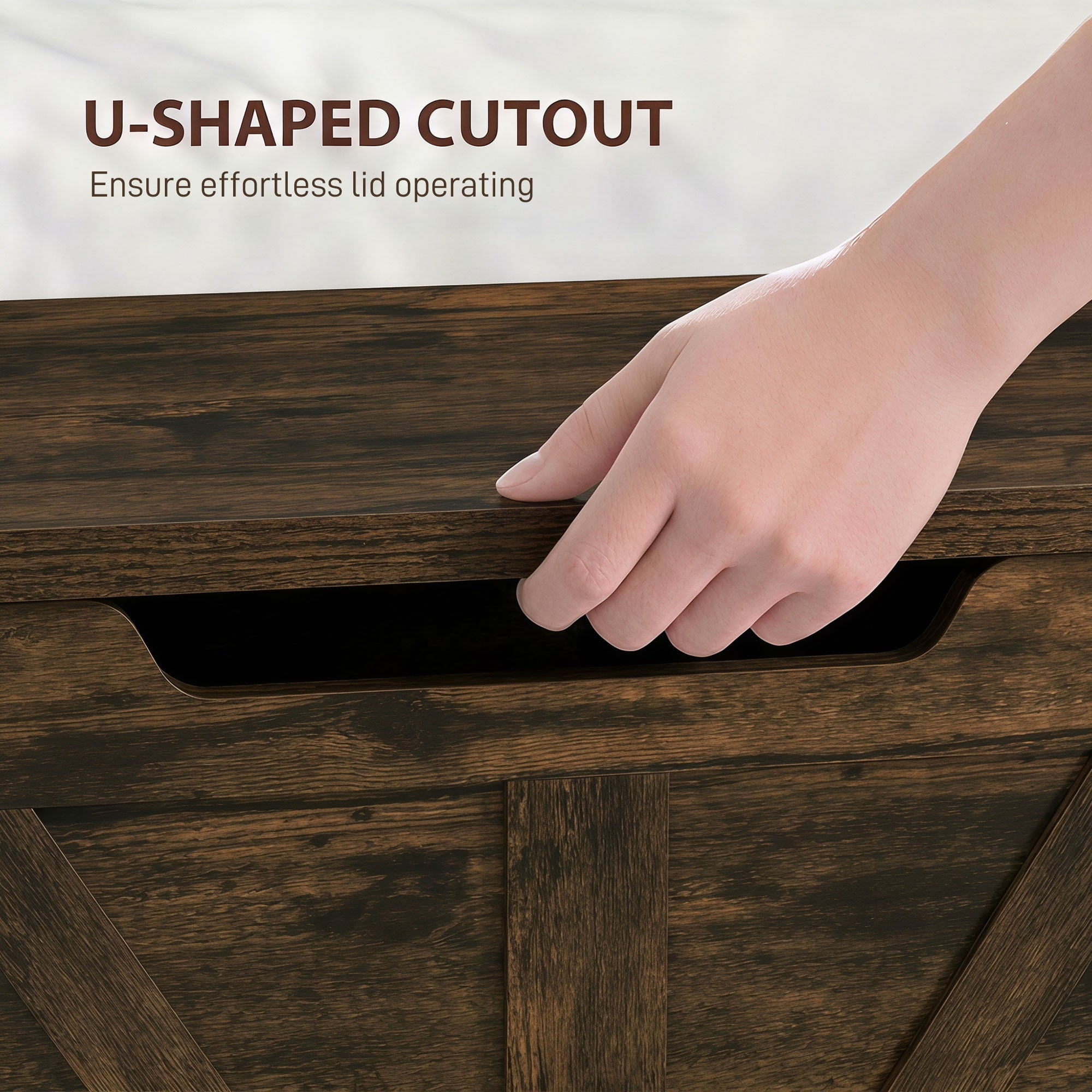 100L Storage Chest, Shoe Storage Trunk Bench Box with Safety Hinge and U-shaped Cut-out Pull, Blanket Box Ottoman for Bedroom, Living Room, Entryway, 80 x 40 x 45 cm, Rustic Brown Wood-Effect