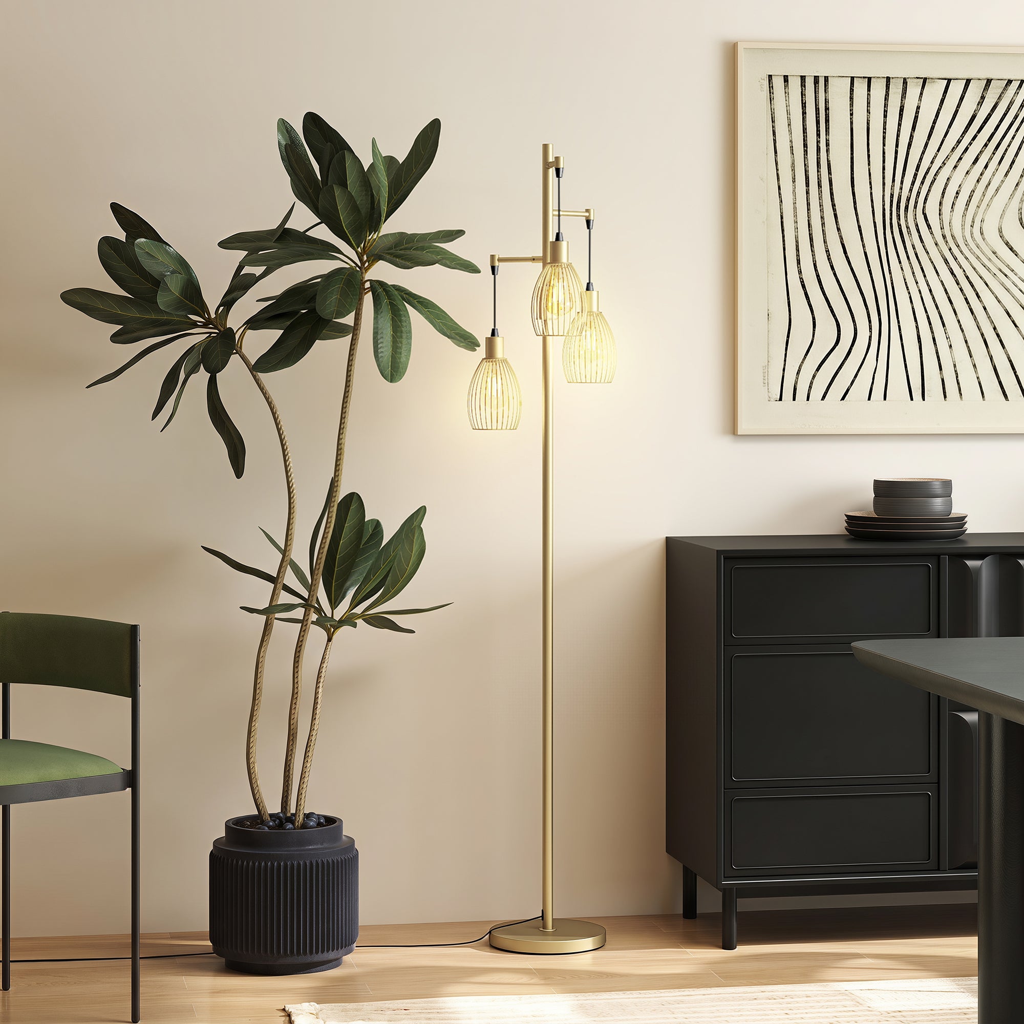 3-Light LED Floor Lamp, 170cm Industrial Dimmable Standing Lamp with Steel Wire Cage Lampshades, 2700K for Living Room, Bedroom, Dining Room, Study, Gold Tone