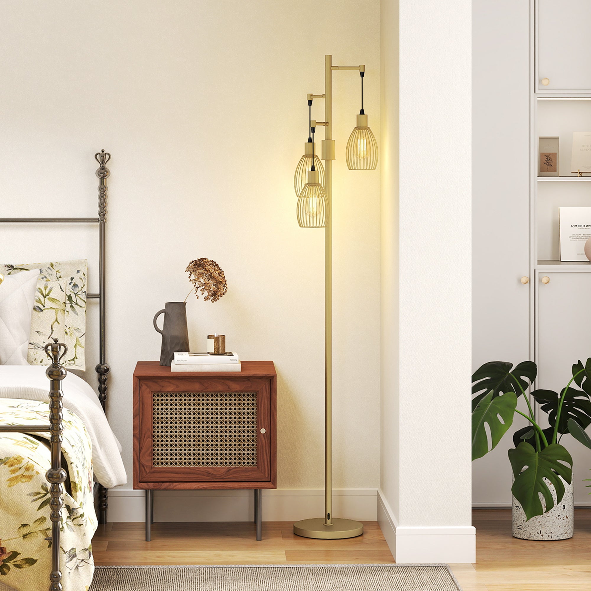 3-Light LED Floor Lamp, 170cm Industrial Dimmable Standing Lamp with Steel Wire Cage Lampshades, 2700K for Living Room, Bedroom, Dining Room, Study, Gold Tone
