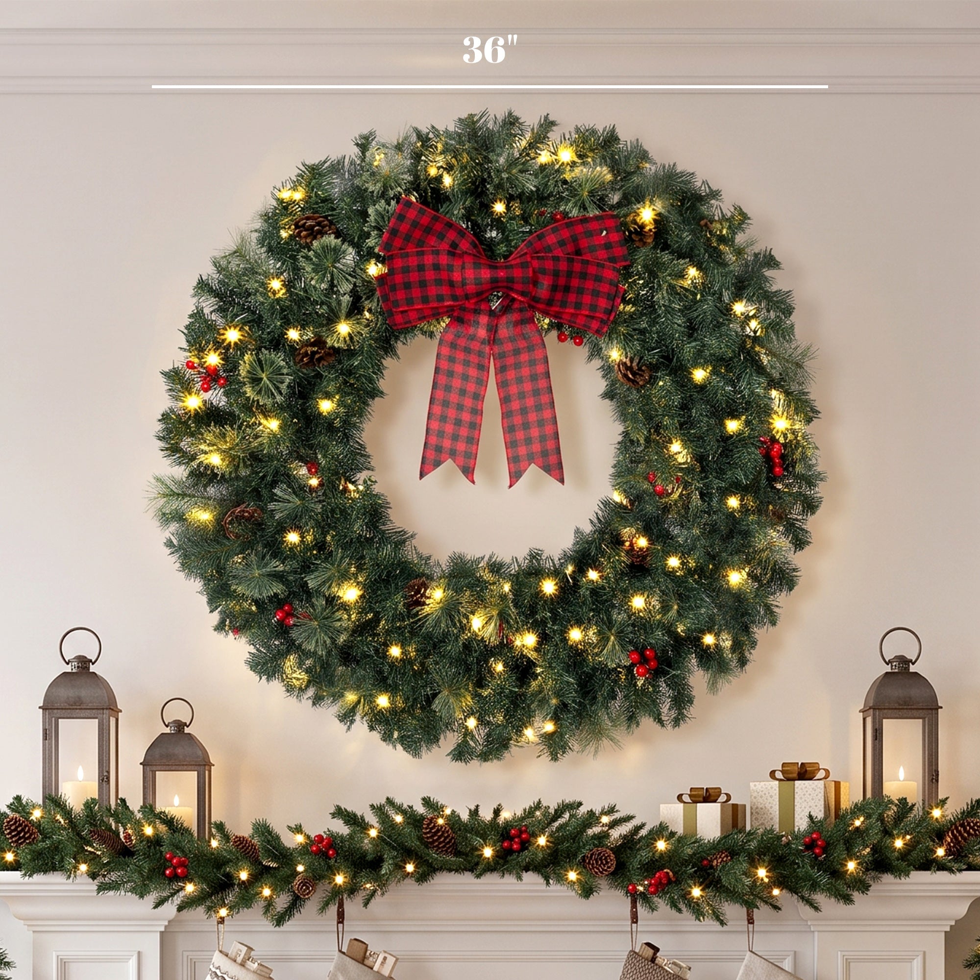 36 in Pre-Lit Crestwood Spruce Artificial Christmas Wreath, Christmas Decoration with Bow, 100 LED Lights, 330 Tips, 8 Modes, Red Berries, Pinecones for Door, Indoor Covered Outdoor, Green