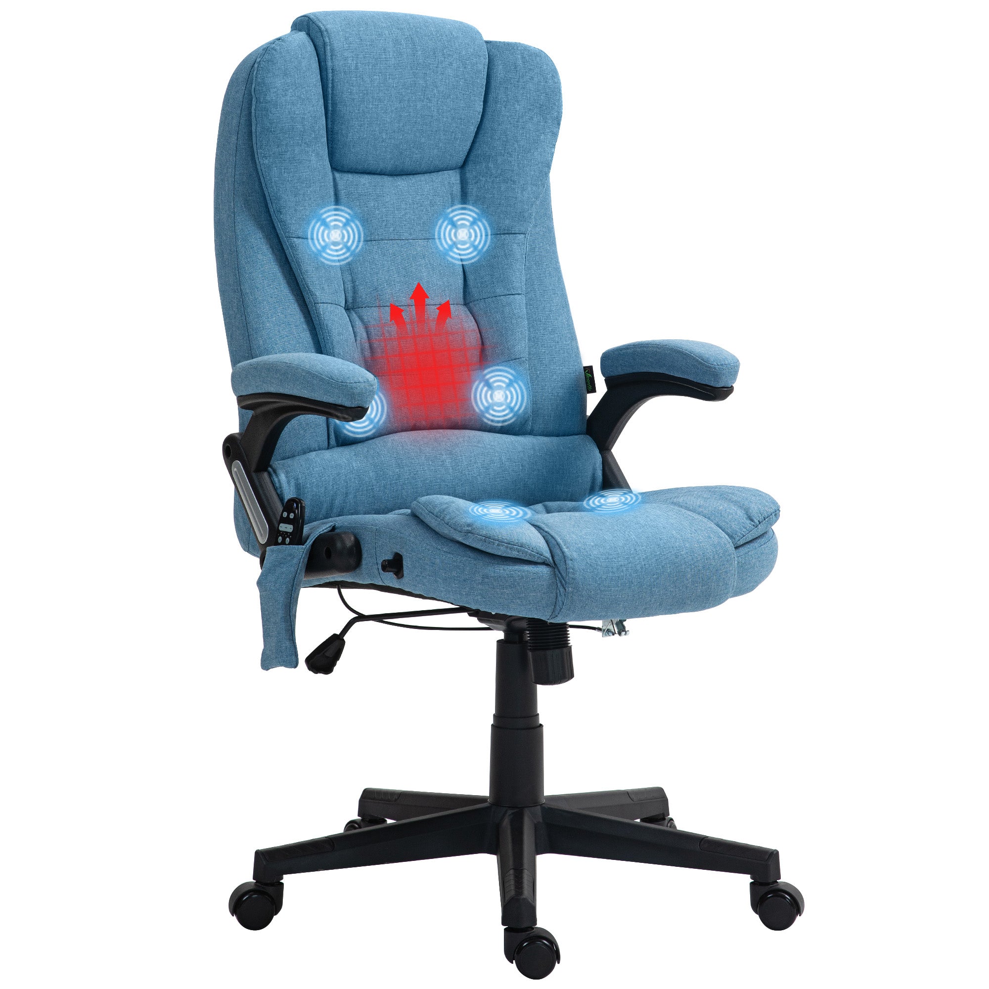 6 Point Vibrating Massage Office Chair with Heat, Linen High Back Massage Desk Chair w/ Reclining Backrest, Light Blue