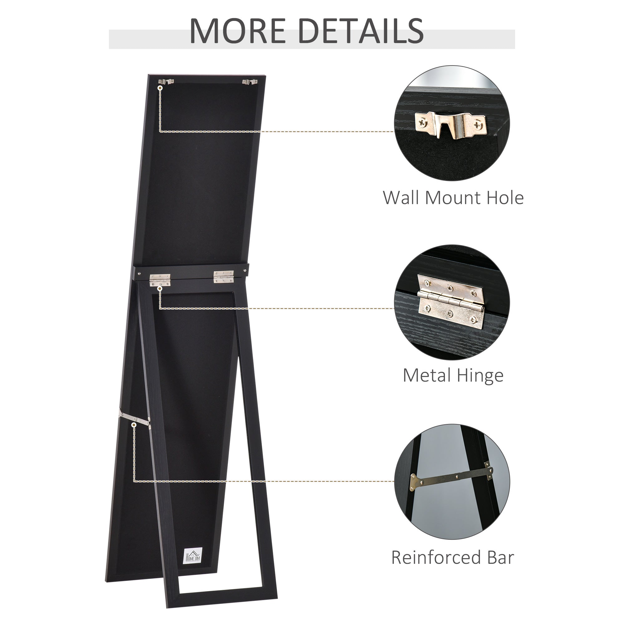 HOMCOM 61" x 15" Full Length Mirror, Floor Standing Mirror, Rectangular Full Body Mirror for Bedroom, Living Room, Black