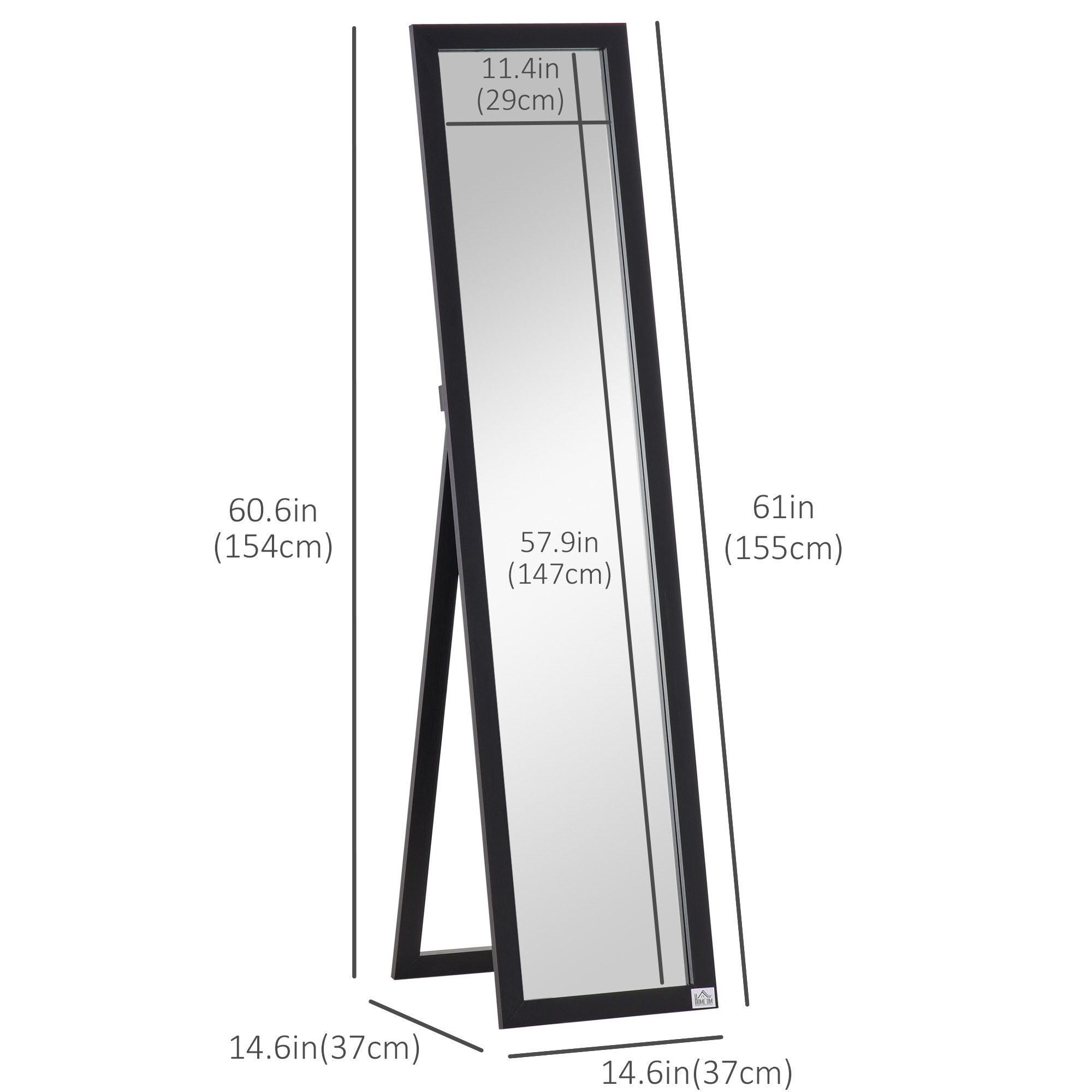 HOMCOM 61" x 15" Full Length Mirror, Floor Standing Mirror, Rectangular Full Body Mirror for Bedroom, Living Room, Black