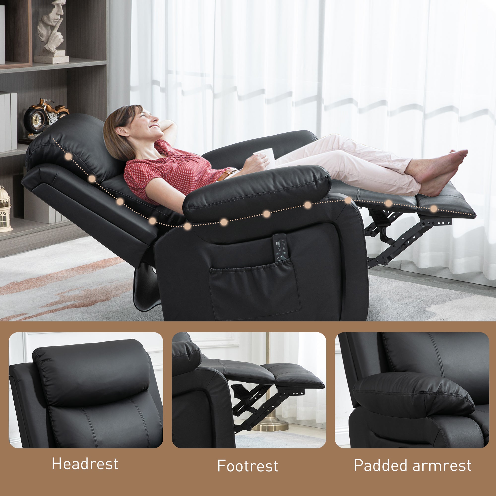 HOMCOM Swivel Rocker Recliner Chair for Living Room, PU Leather Manual Reclining Chair with 8 Vibration Massage, Remote Control, and Side Pockets, Black