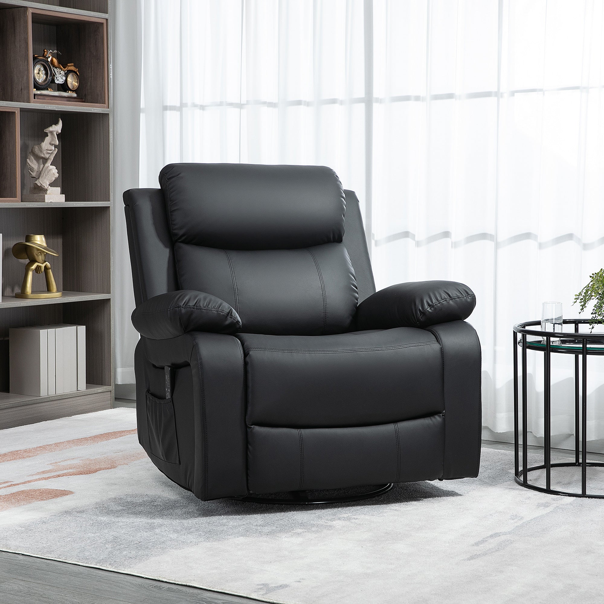 HOMCOM Swivel Rocker Recliner Chair for Living Room, PU Leather Manual Reclining Chair with 8 Vibration Massage, Remote Control, and Side Pockets, Black