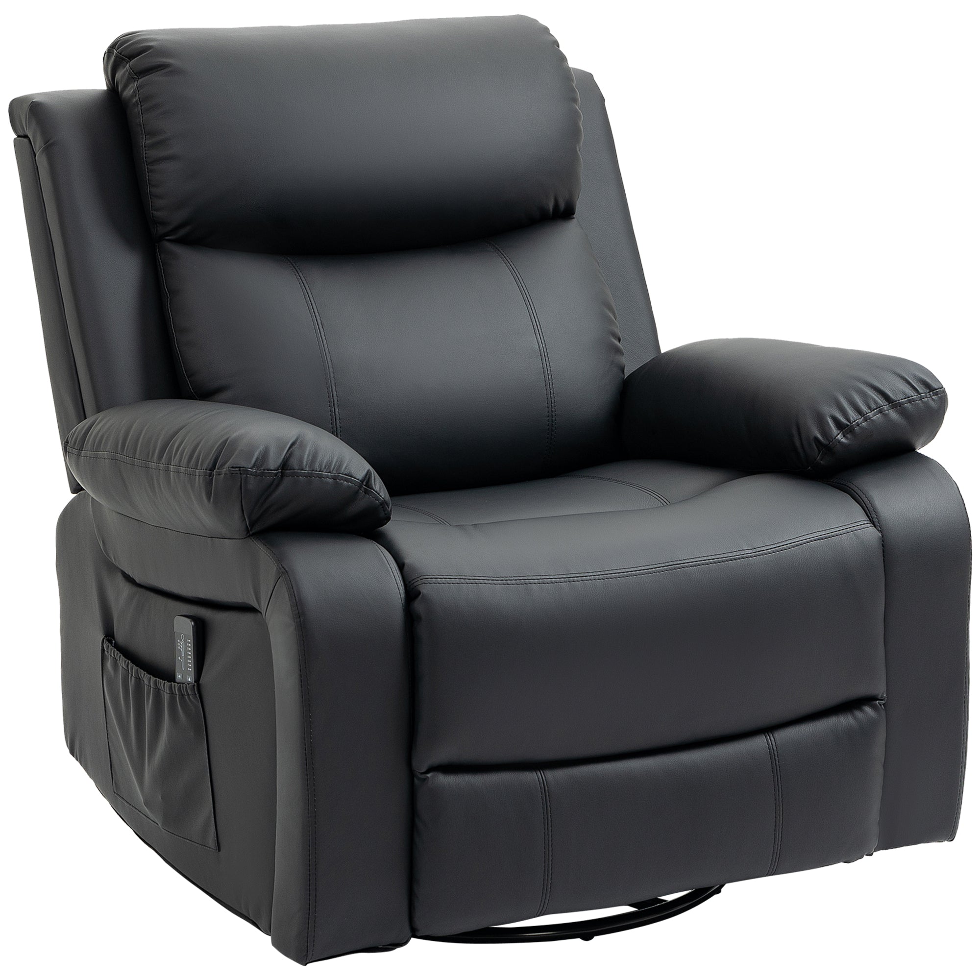 HOMCOM Swivel Rocker Recliner Chair for Living Room, PU Leather Manual Reclining Chair with 8 Vibration Massage, Remote Control, and Side Pockets, Black