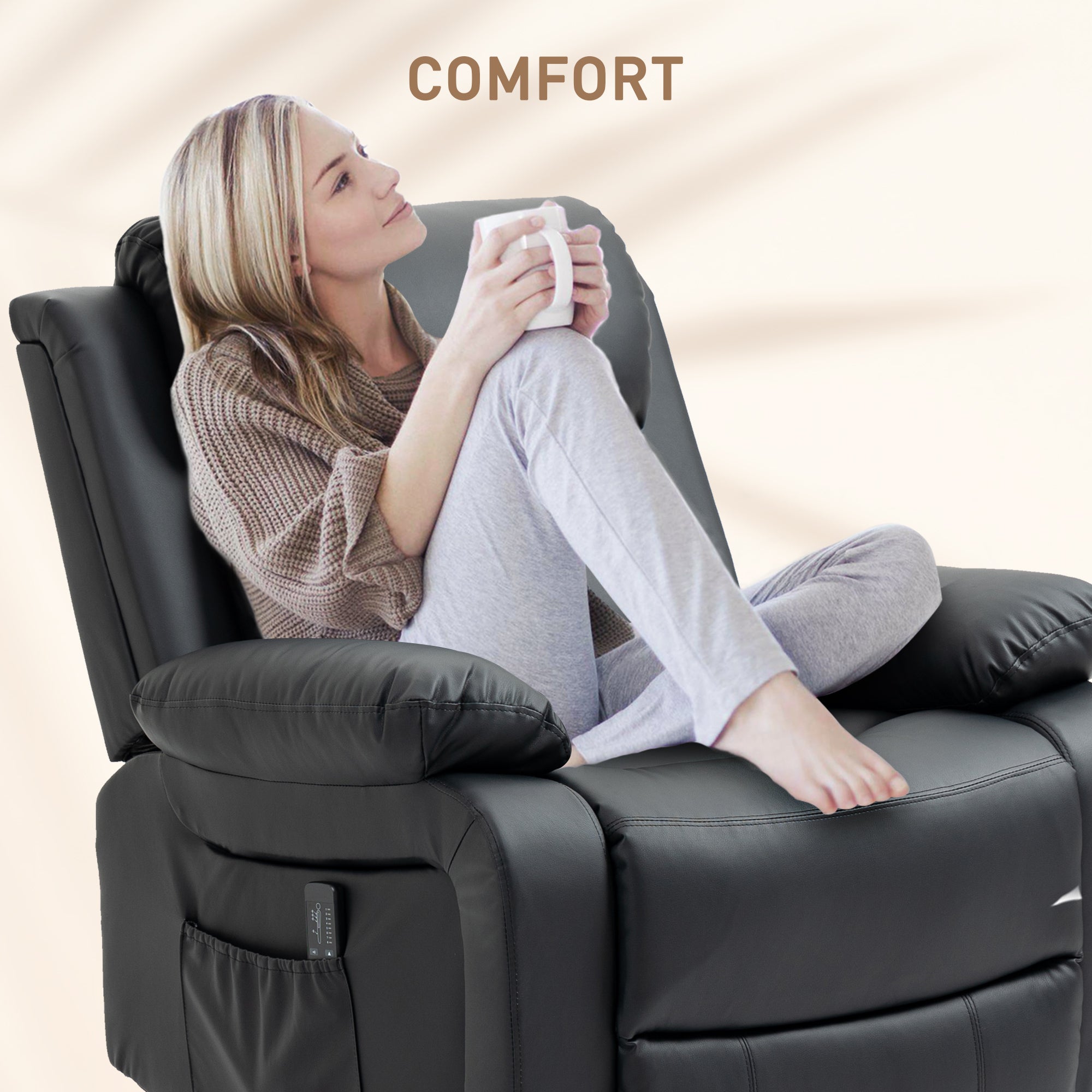 HOMCOM Swivel Rocker Recliner Chair for Living Room, PU Leather Manual Reclining Chair with 8 Vibration Massage, Remote Control, and Side Pockets, Black