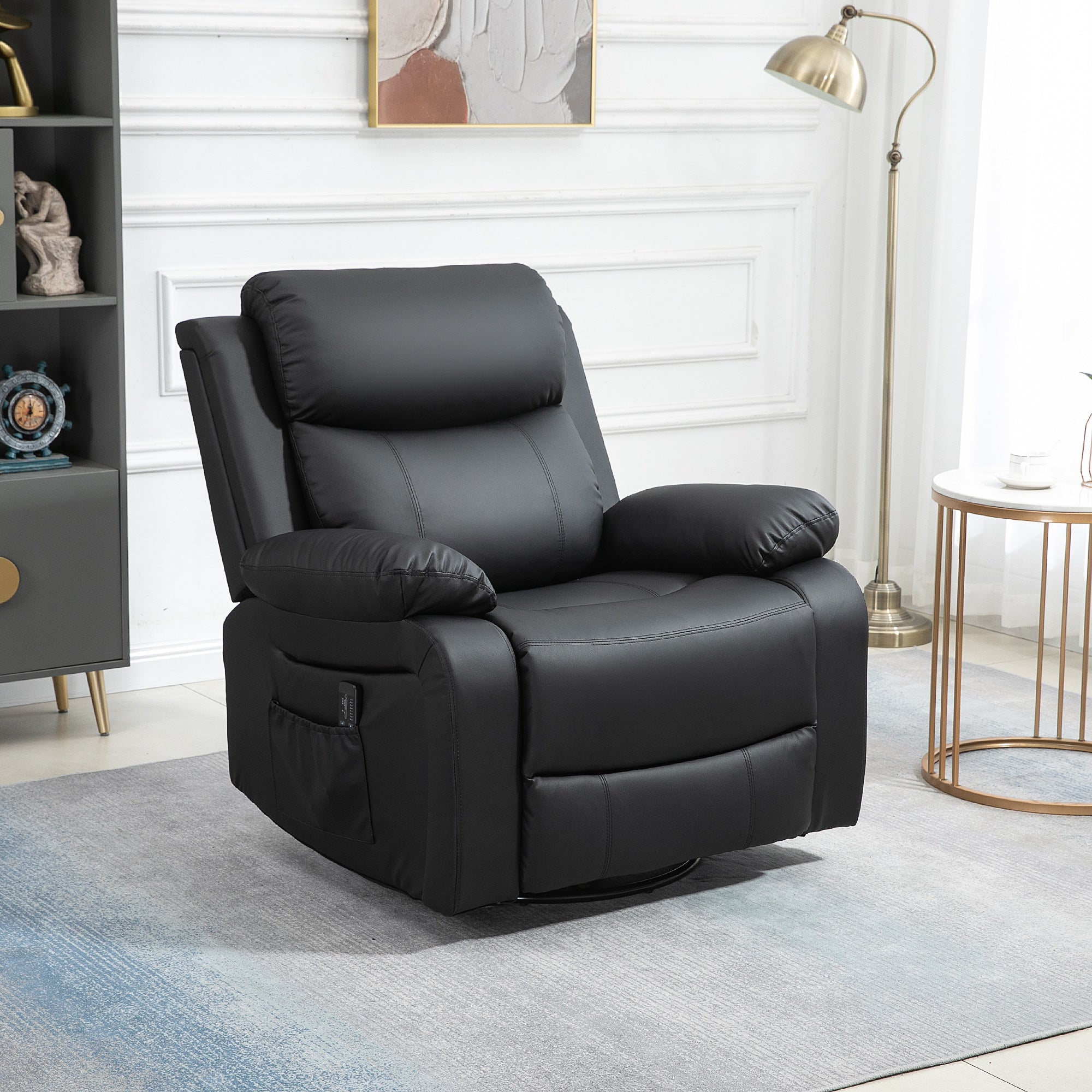 HOMCOM Swivel Rocker Recliner Chair for Living Room, PU Leather Manual Reclining Chair with 8 Vibration Massage, Remote Control, and Side Pockets, Black