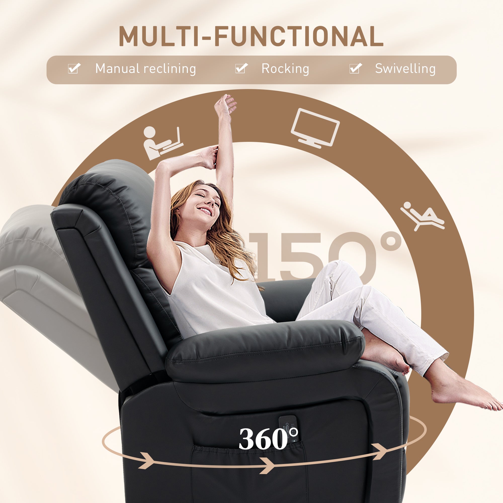 HOMCOM Swivel Rocker Recliner Chair for Living Room, PU Leather Manual Reclining Chair with 8 Vibration Massage, Remote Control, and Side Pockets, Black