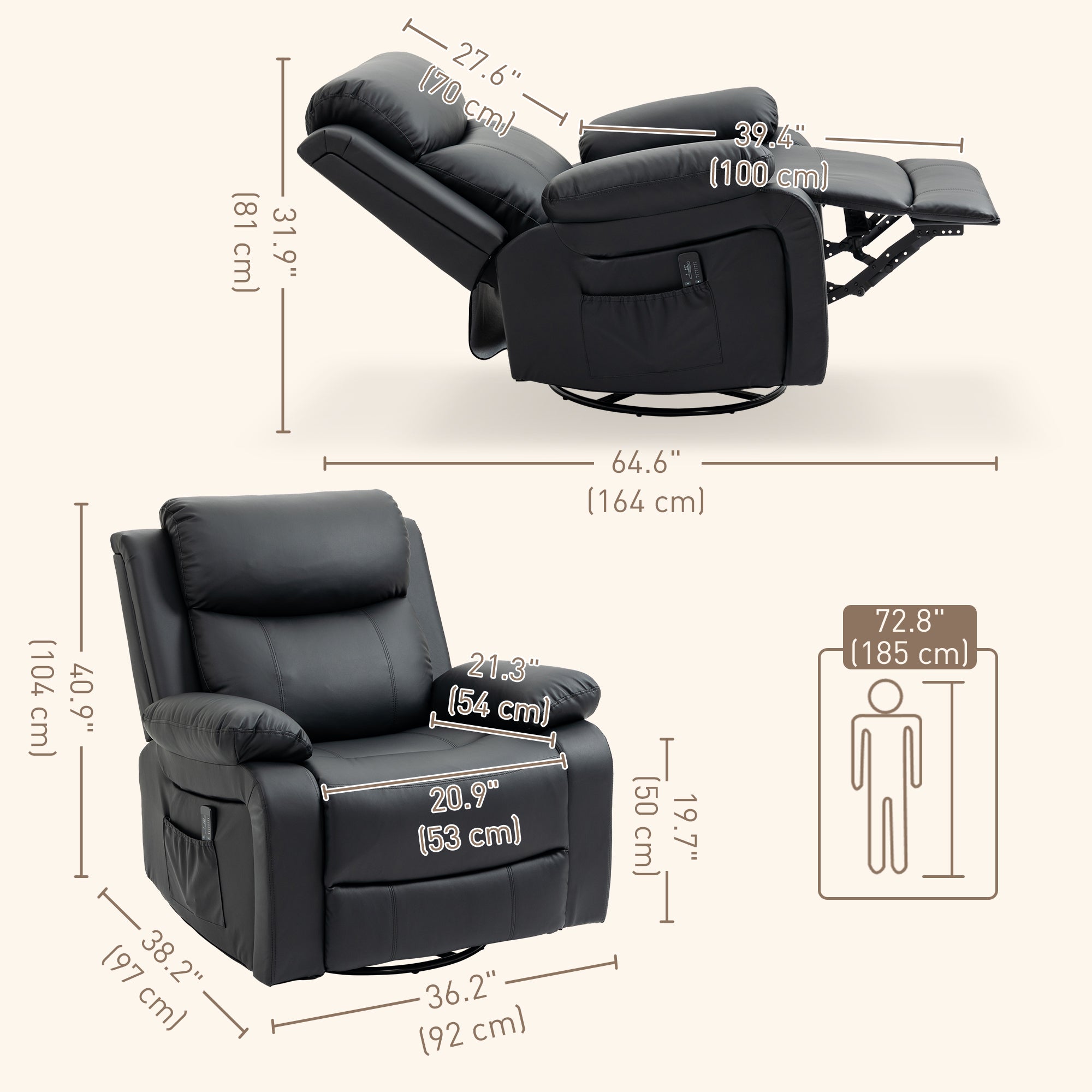 HOMCOM Swivel Rocker Recliner Chair for Living Room, PU Leather Manual Reclining Chair with 8 Vibration Massage, Remote Control, and Side Pockets, Black