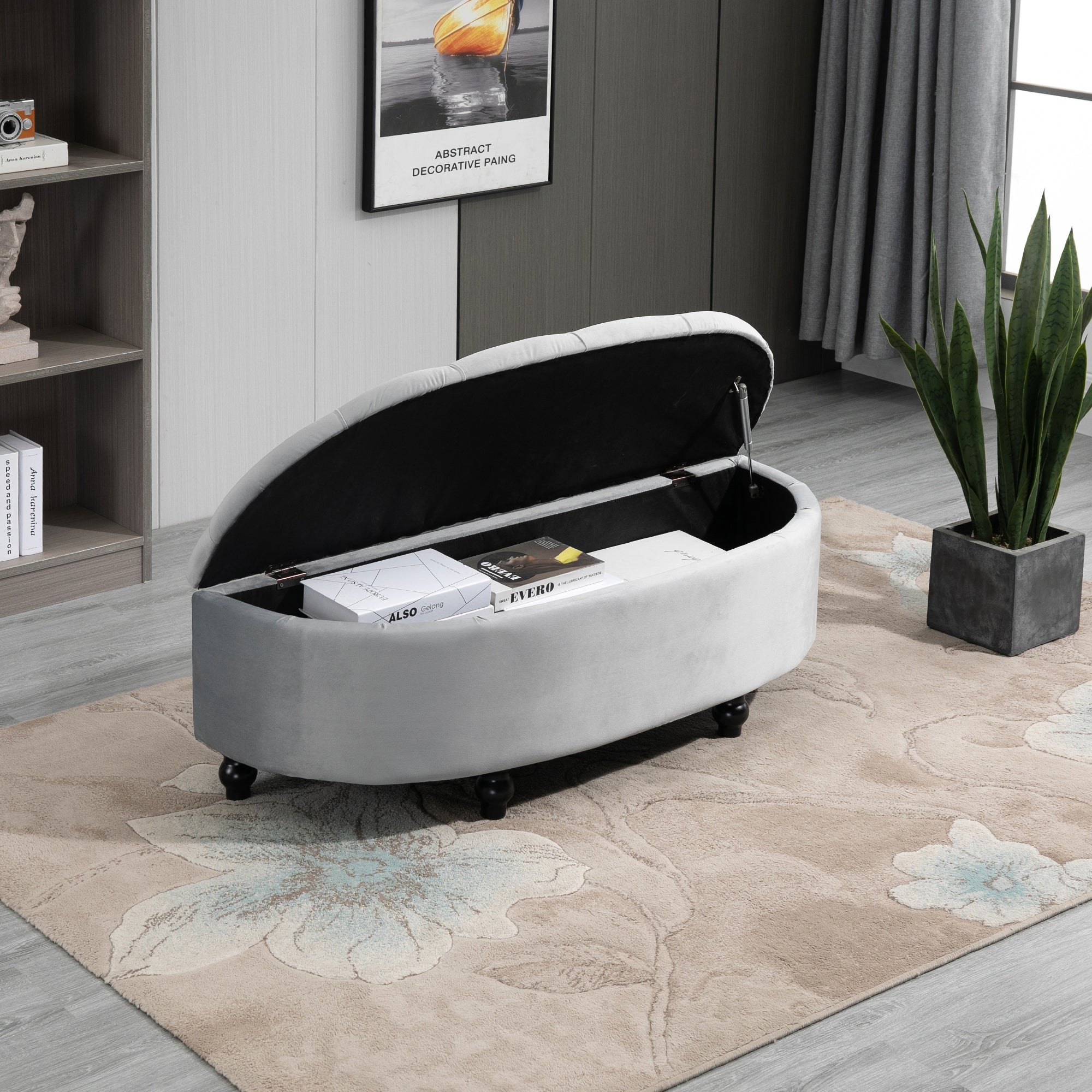 HOMCOM Semi-Circle Bed End Bench Ottoman with Storage Tufted Upholstered Accent Seat Footrest Stool with Rubberwood Legs for Bedroom & Entryway, Light Grey