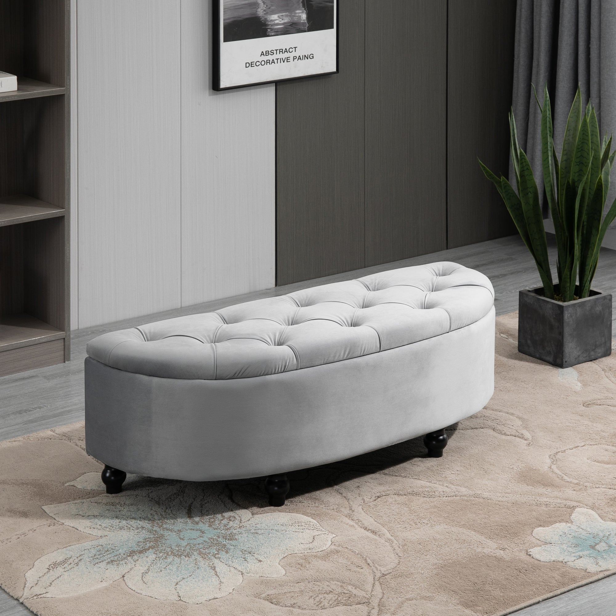 HOMCOM Semi-Circle Bed End Bench Ottoman with Storage Tufted Upholstered Accent Seat Footrest Stool with Rubberwood Legs for Bedroom & Entryway, Light Grey