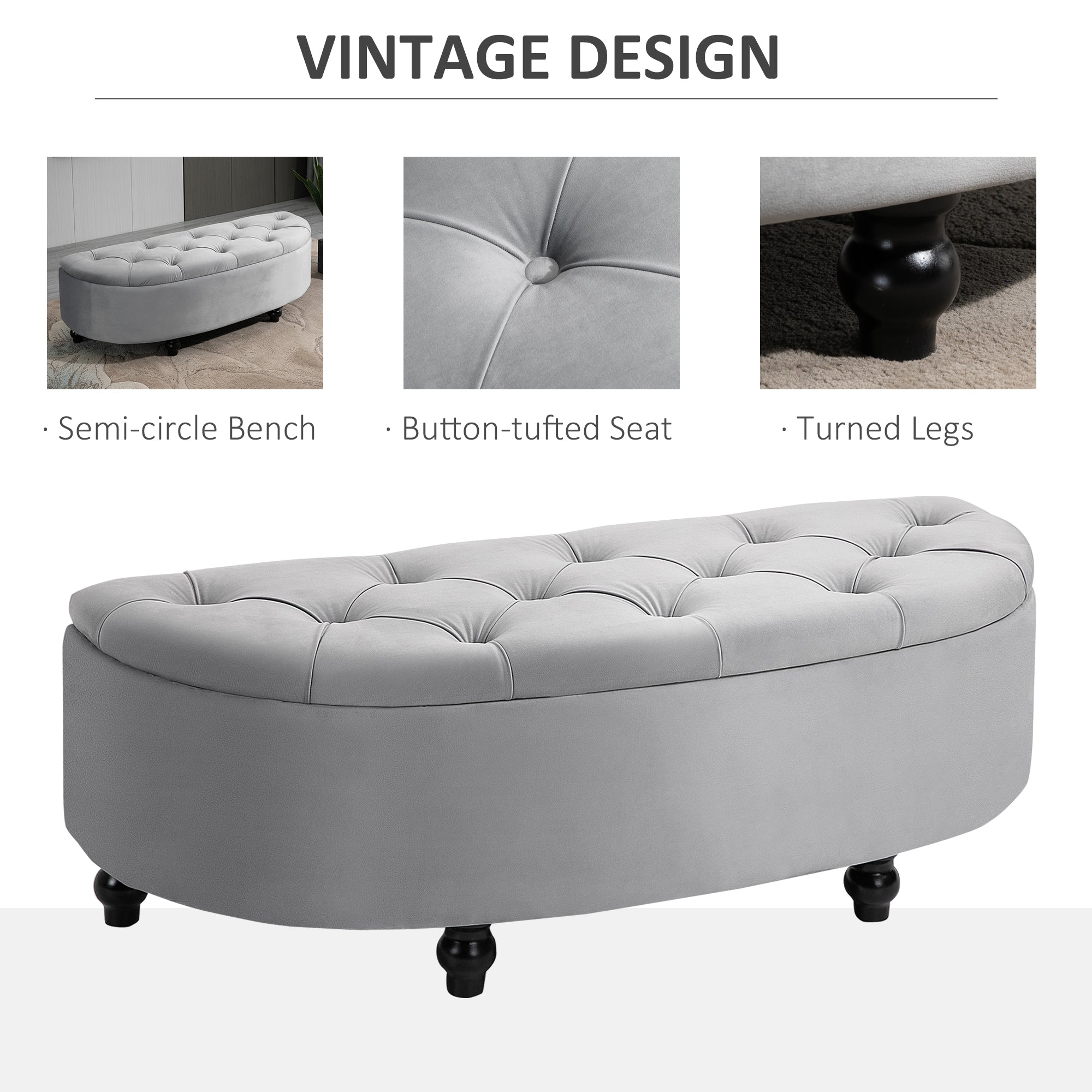 Semi-Circle Storage Ottoman Bench Tufted Upholstered Accent Seat