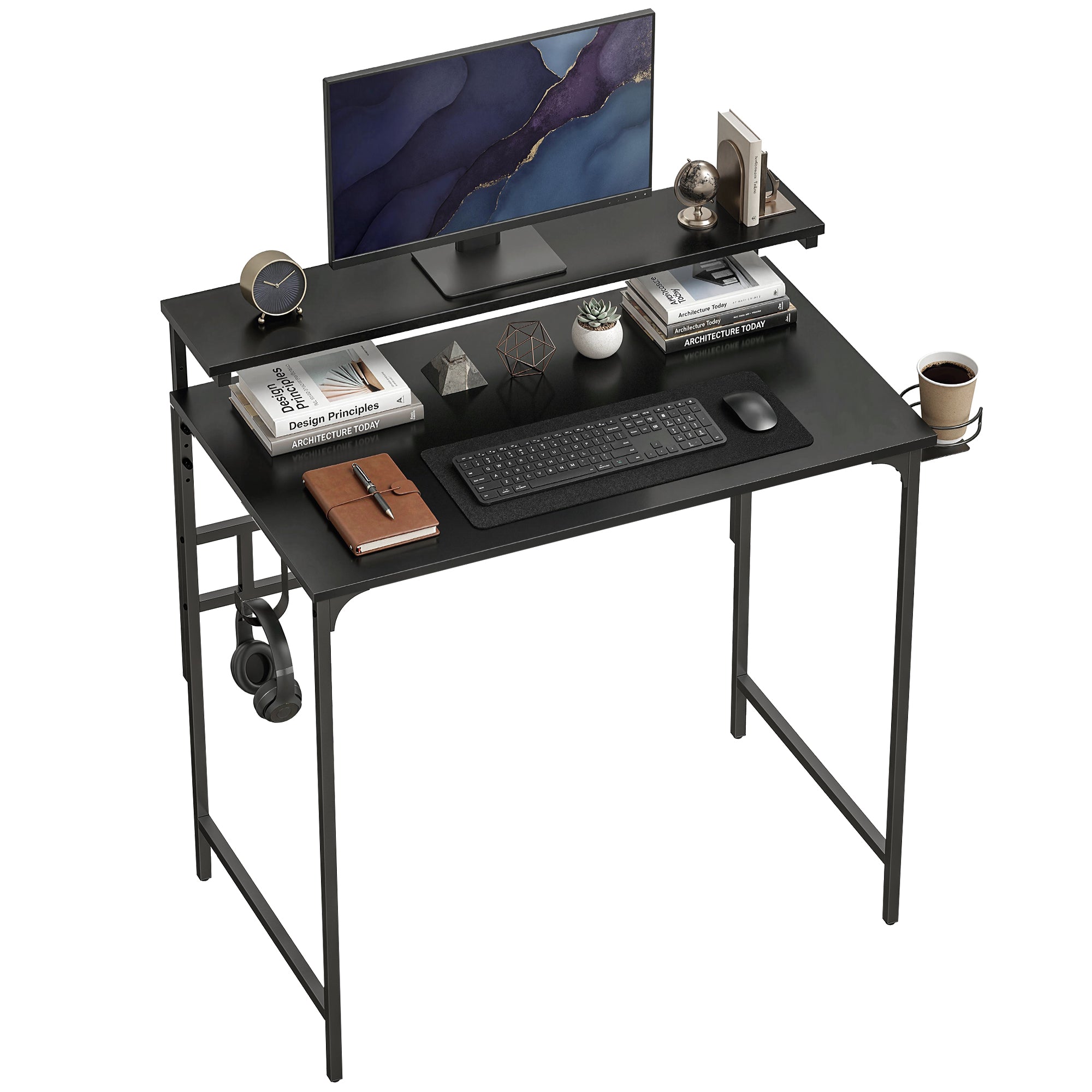 Computer Desk, 80cm Home Office Study Table with Hutch Shelf, Cup Holder, Headphone Hook, Metal Frame, Space Saving Writing Desk, Black