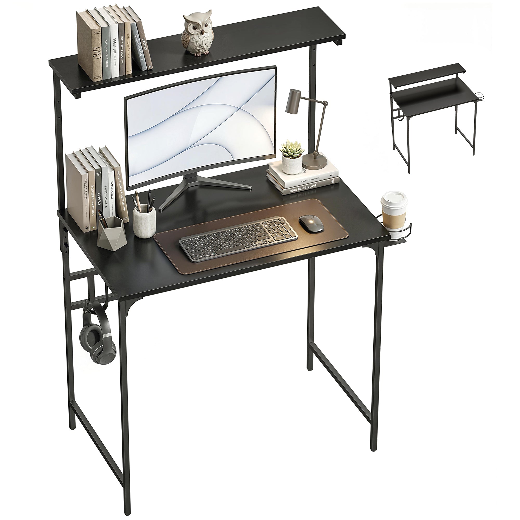 Computer Desk, 80cm Home Office Study Table with Hutch Shelf, Cup Holder, Headphone Hook, Metal Frame, Space Saving Writing Desk, Black
