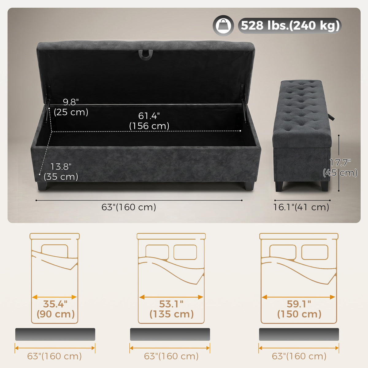 63" Storage Ottoman Bench, End of Bed Bench for Queen/King Bed, 63"x16.1"x17.7", Velvet Fabric Tufted Storage Chest for Living Room, Bedroom, Entryway, 528 lb, Dark Grey