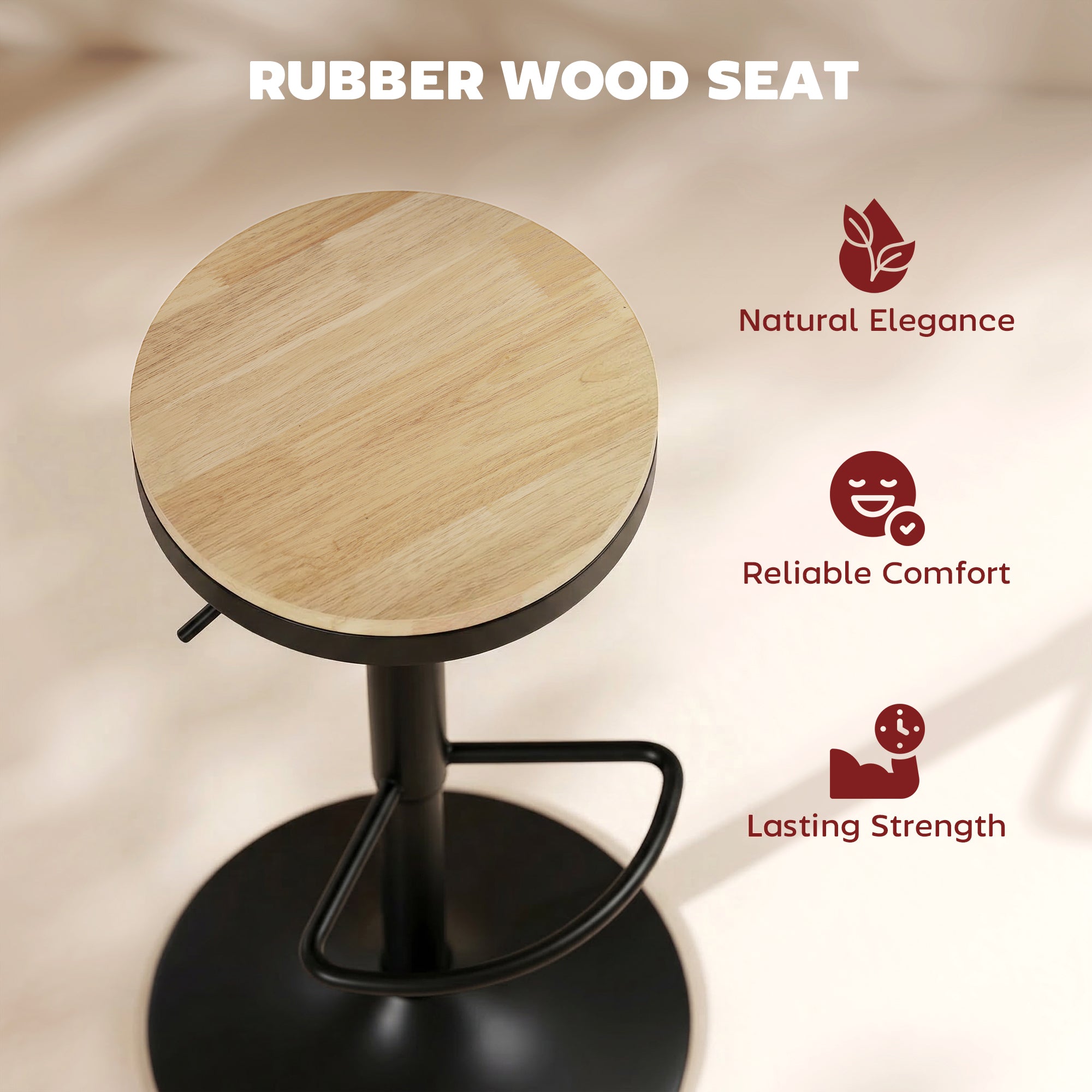 Wooden Bar Stools Set of 2, Adjustable Swivel Barstools with Rubber Wood Seat, Modern Bar Chairs for Kitchen Counter, Breakfast Island, Natural Wood and Black