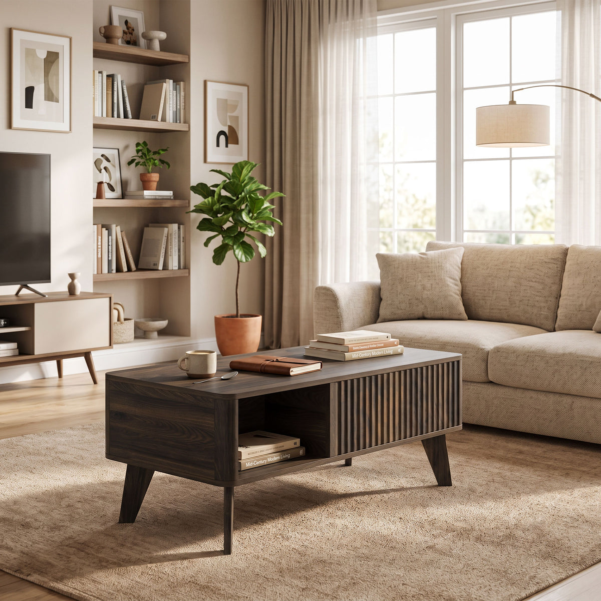 40" Fluted Lift Top Coffee Table with Storage, Mid-Century Modern Coffee Table with Hidden Compartment, Open Shelf and Rounded Corners for Living Room, Walnut