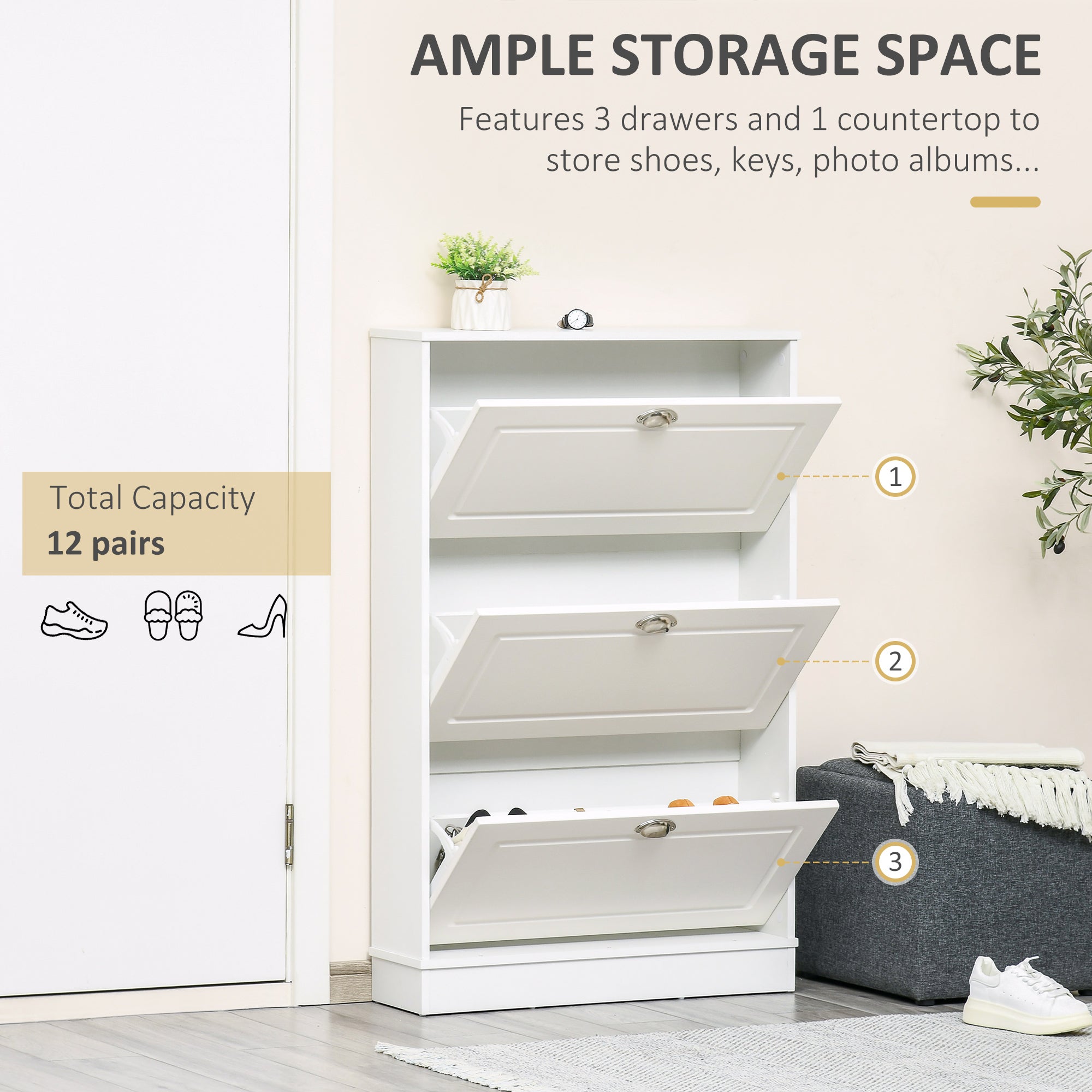 Shoe Cabinet with 3 Flip Drawers, Modern Narrow Shoe Storage Cabinet with Countertop, Entryway Shoe Storage Unit for 12 Pairs of Shoes for Hallway, White