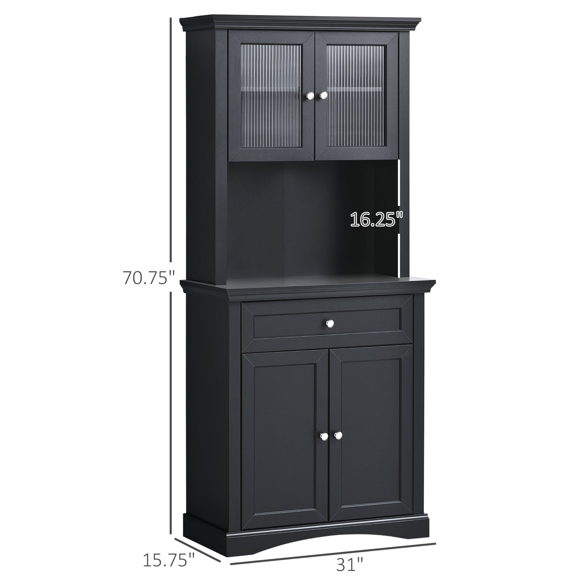 HOMCOM 71" Tall Kitchen Pantry Storage Cabinet, Freestanding Buffet Hutch with Glass Doors, Drawer, Microwave Space and Adjustable Shelves, Black