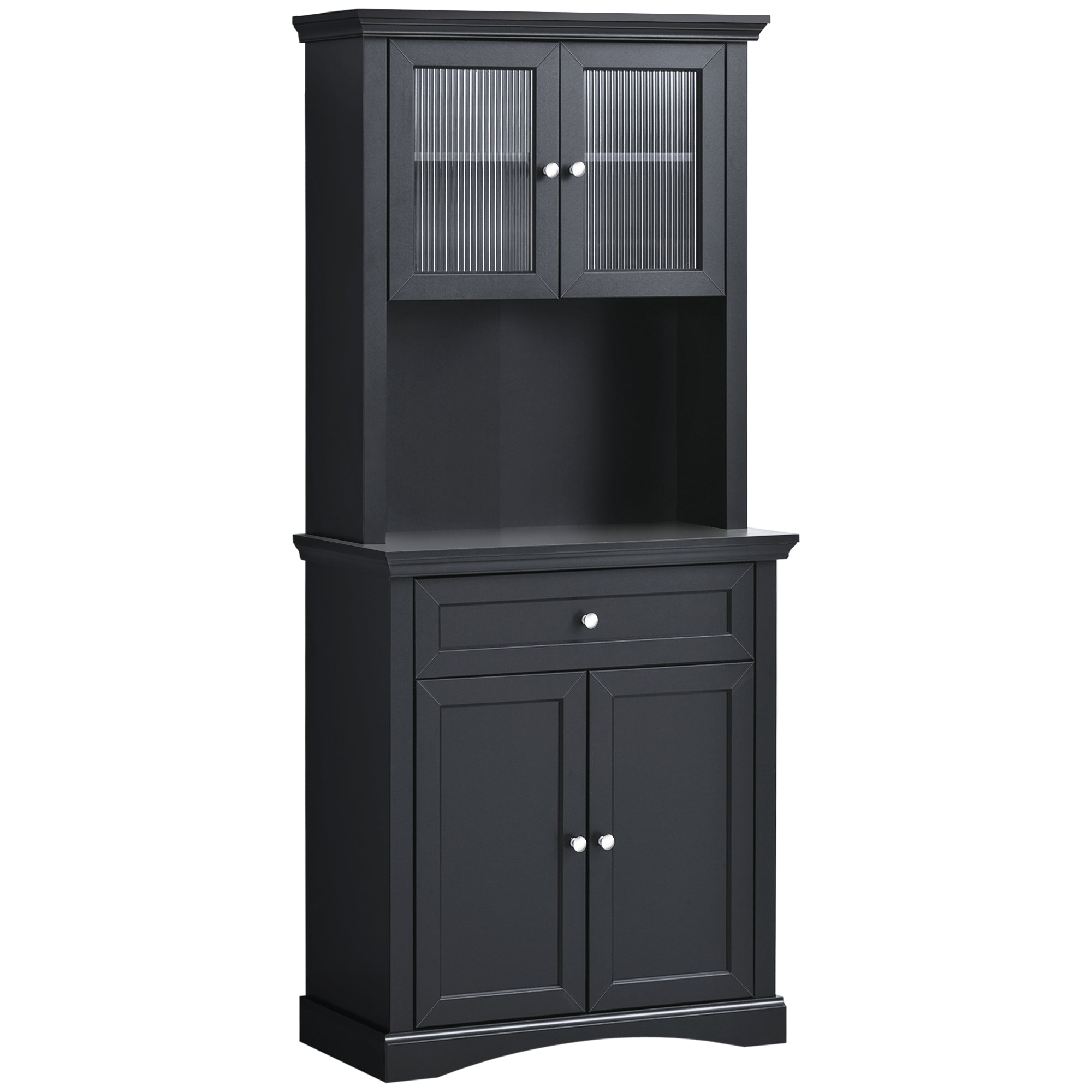 HOMCOM 71" Tall Kitchen Pantry Storage Cabinet, Freestanding Buffet Hutch with Glass Doors, Drawer, Microwave Space and Adjustable Shelves, Black