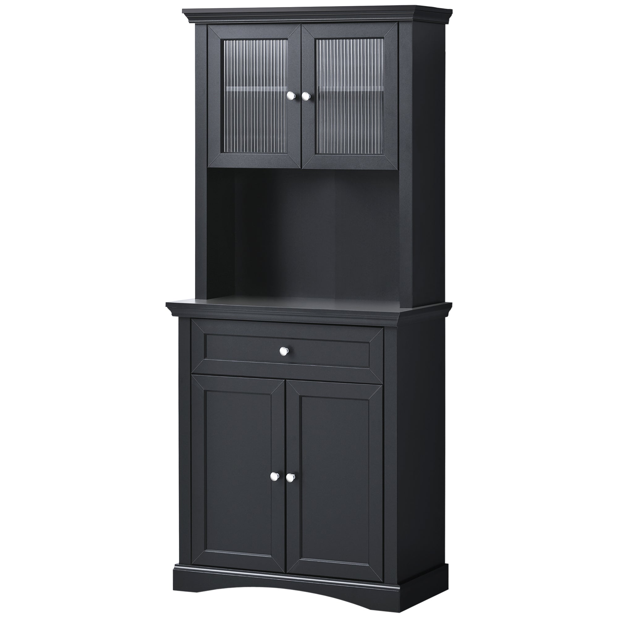 HOMCOM 71" Tall Kitchen Pantry Storage Cabinet, Freestanding Buffet Hutch with Glass Doors, Drawer, Microwave Space and Adjustable Shelves, Black