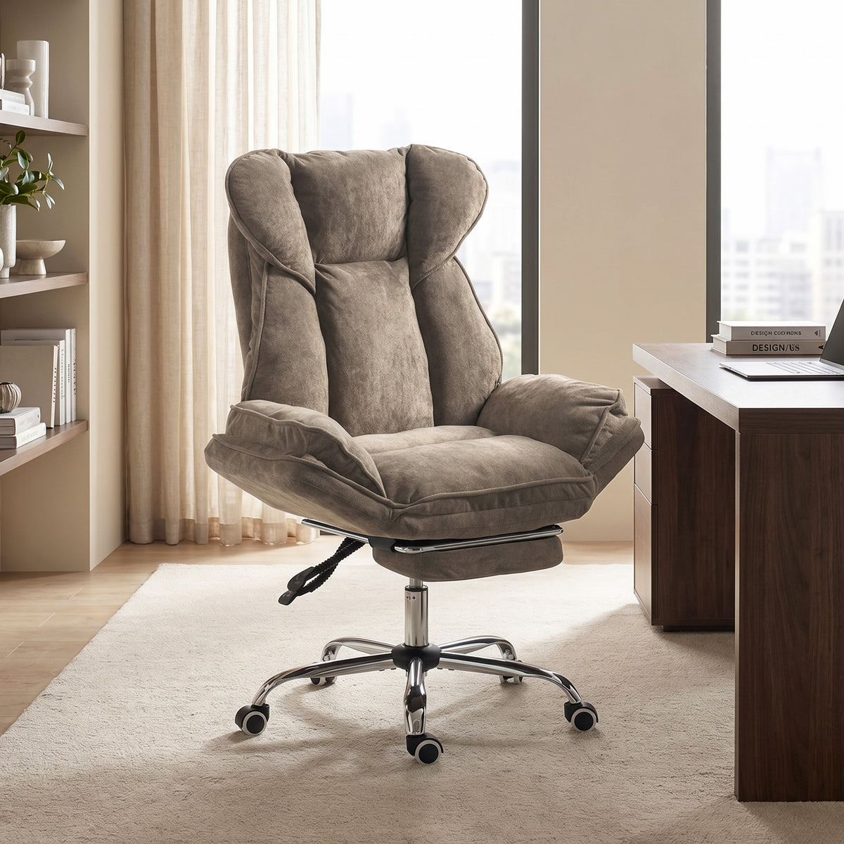 Criss Cross Office Chair with Footrest, Swivel Wheels, Task Desk Chair with Overstuffed Reclining Backrest, Waterfall Arms, Adjustable Height, Cross Legged, Brown