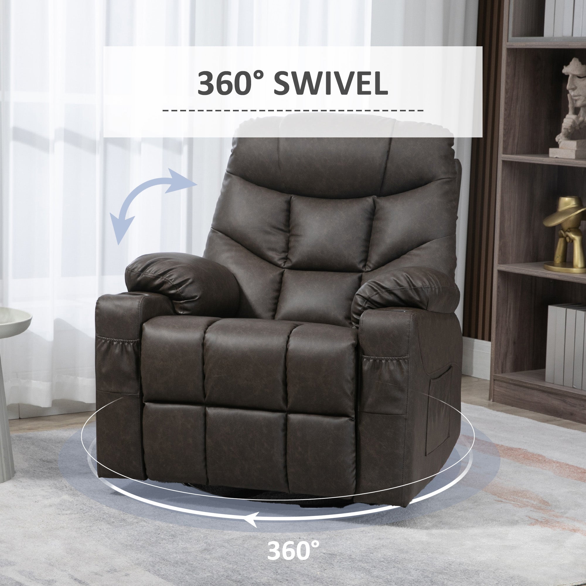 HOMCOM Recliner Armchair, Swivel PU Leather Manual Reclining Chair with Adjustable Leg Rest, Drink Holders, Side Pockets, Rocker Chair for Home Living Room, Dark Brown