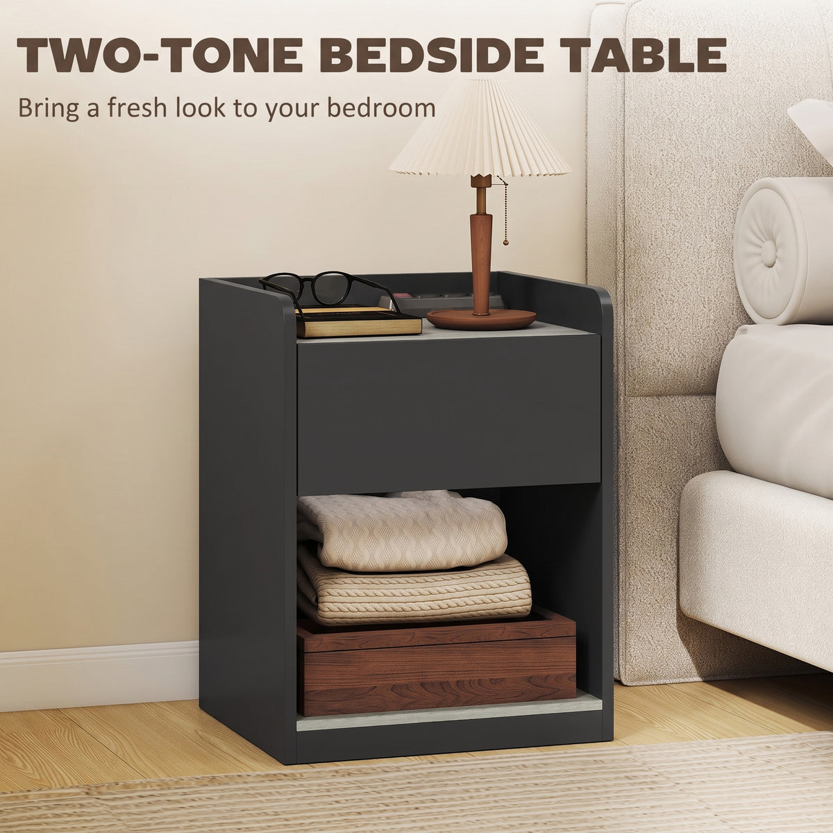 Modern Bedside Table, Slim Nightstand with Drawer, Shelf and Cable Holes, Bedside Cabinet for Bedroom, Living Room, Black and Grey Wood Effect