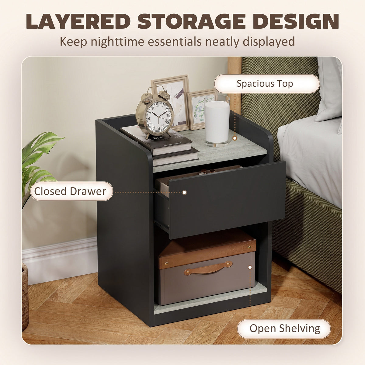 Modern Bedside Table, Slim Nightstand with Drawer, Shelf and Cable Holes, Bedside Cabinet for Bedroom, Living Room, Black and Grey Wood Effect