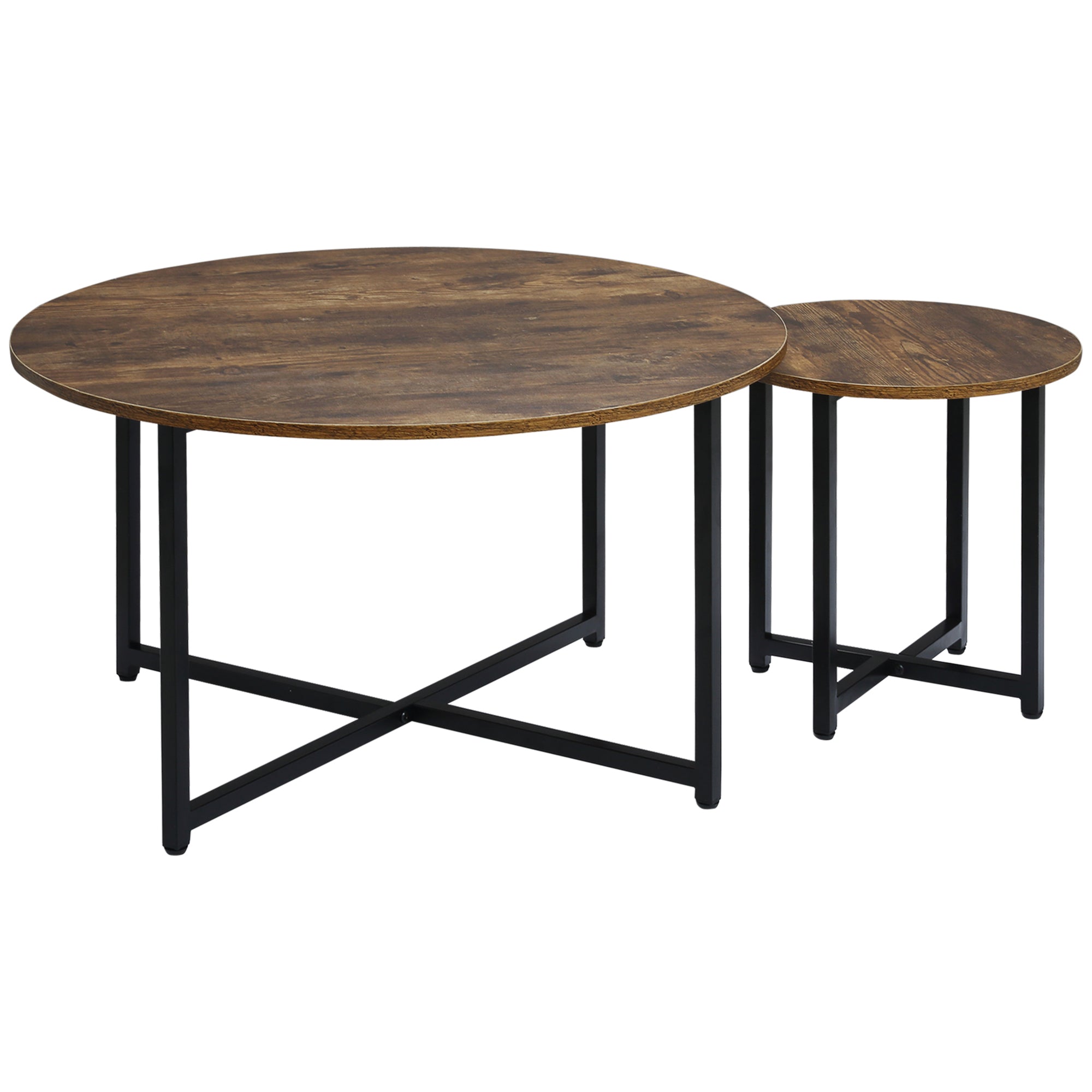 Round Coffee Table Set of 2 Industrial Living Room Tables with Metal Frame Rustic Brown