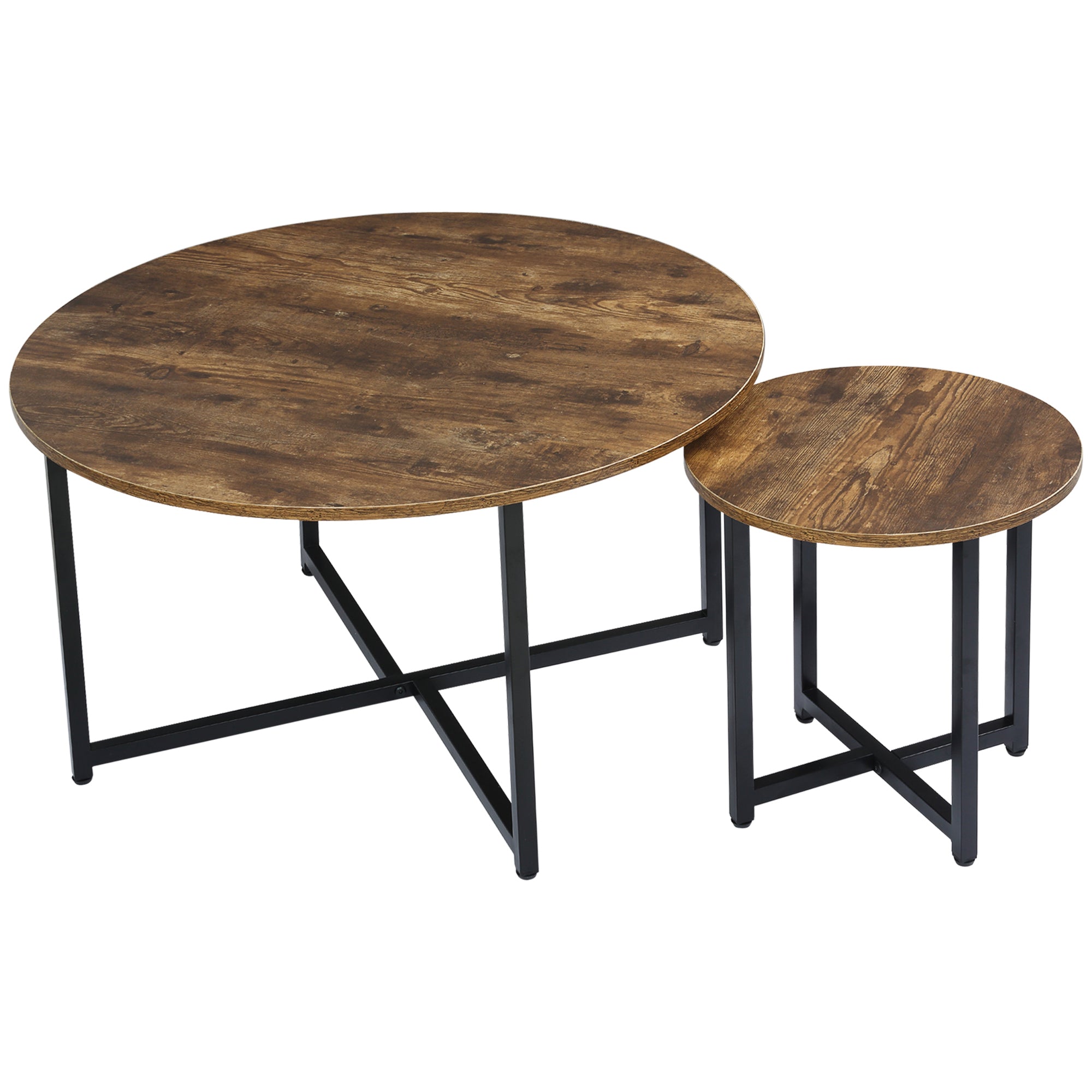 Round Coffee Table Set of 2 Industrial Living Room Tables with Metal Frame Rustic Brown