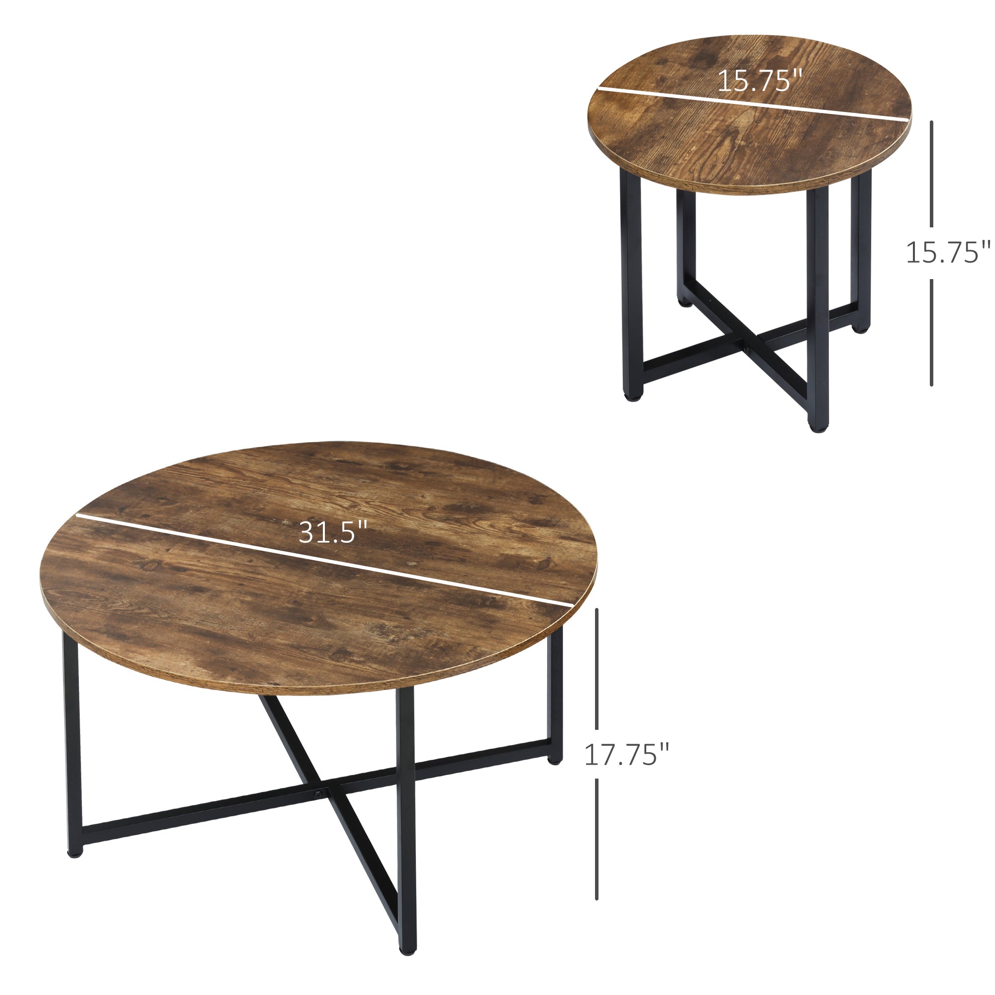 Round Coffee Table Set of 2 Industrial Living Room Tables with Metal Frame Rustic Brown