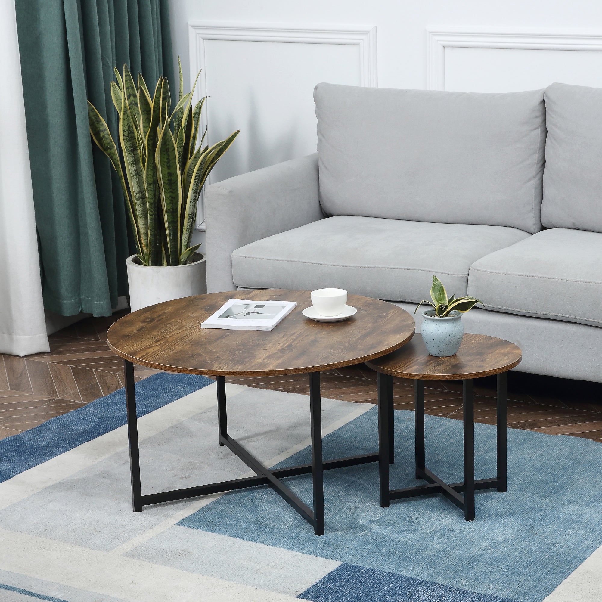 Round Coffee Table Set of 2 Industrial Living Room Tables with Metal Frame Rustic Brown