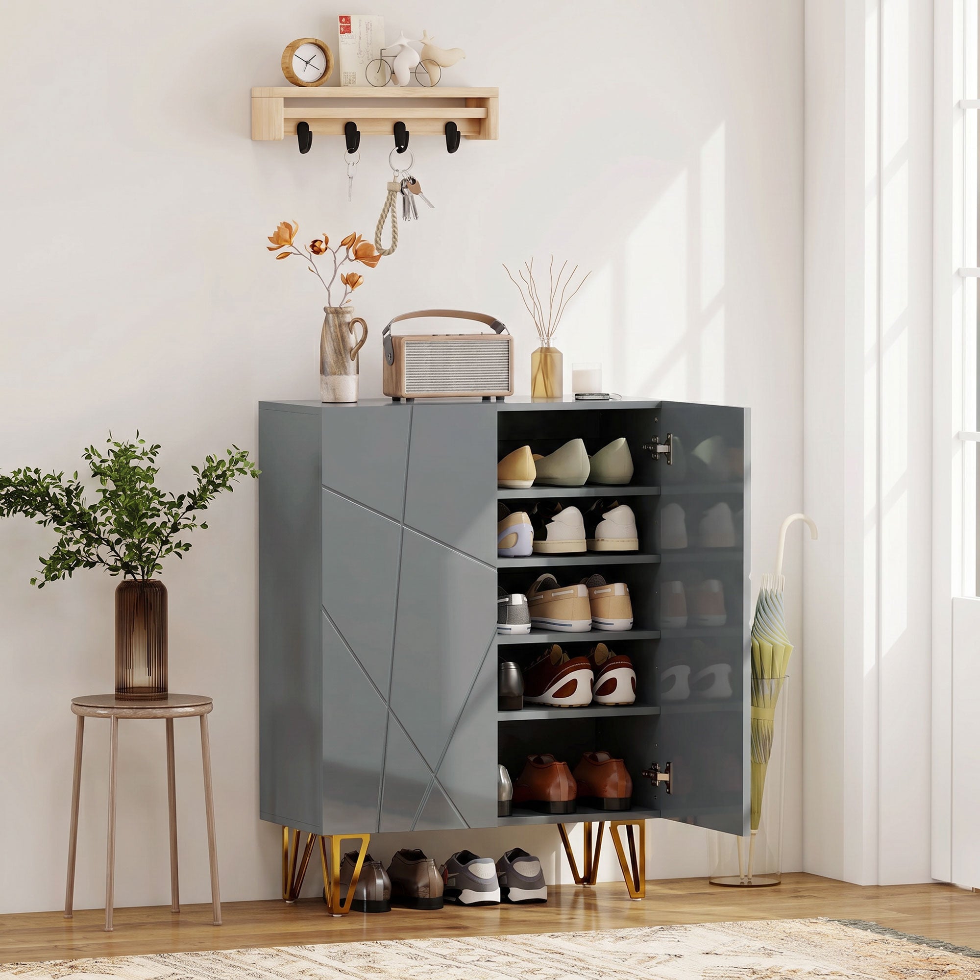 Narrow Shoe Cabinet, Slim Shoe Storage Cabinet with Soft-Close Hinges and Adjustable Shelves for 15-20 Pairs of Shoes, Grey