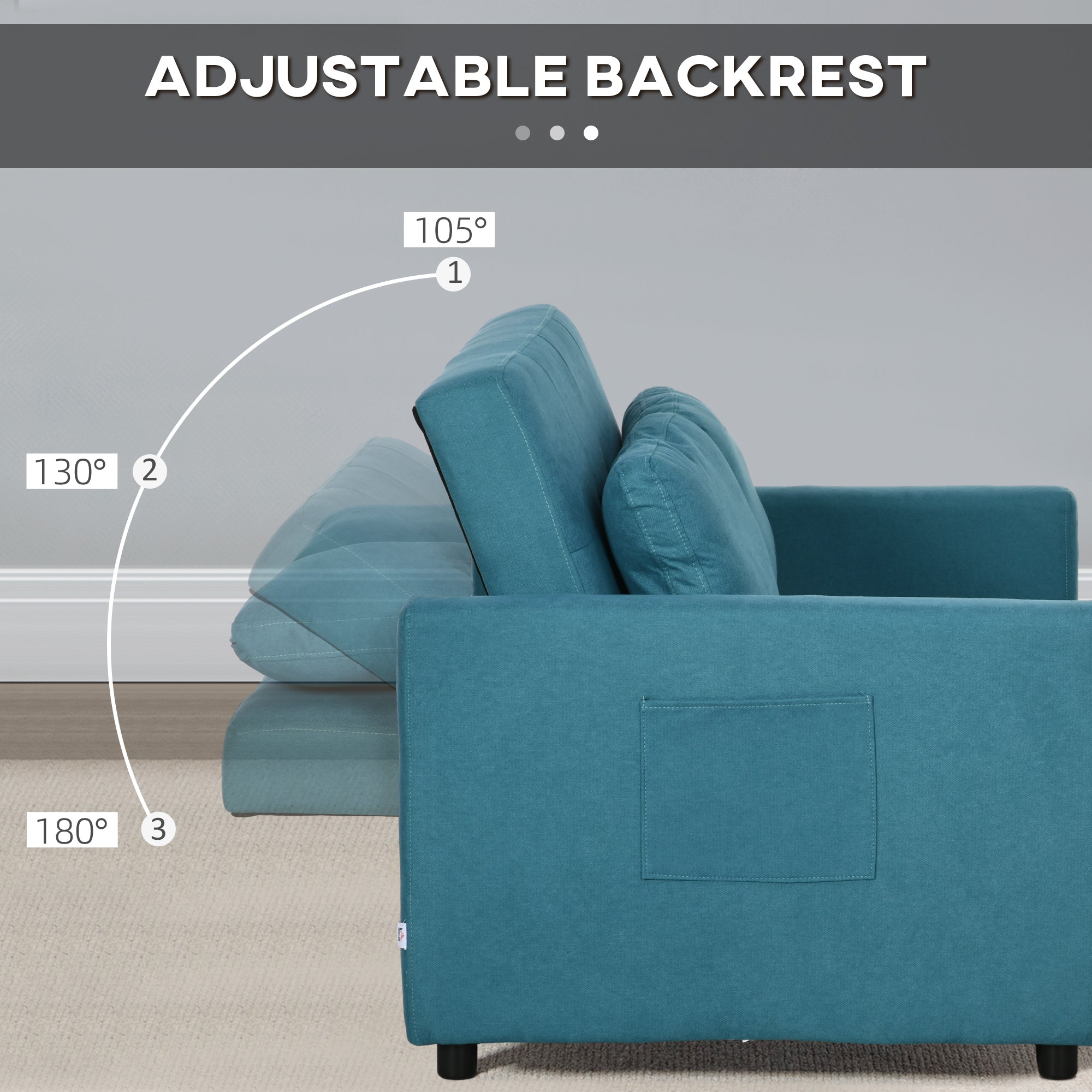 HOMCOM 2 Seater Sofa Bed, Convertible Bed Settee, Modern Fabric Loveseat Sofa Couch with 2 Cushions, Side Pockets for Living Room, Guest Room, Blue