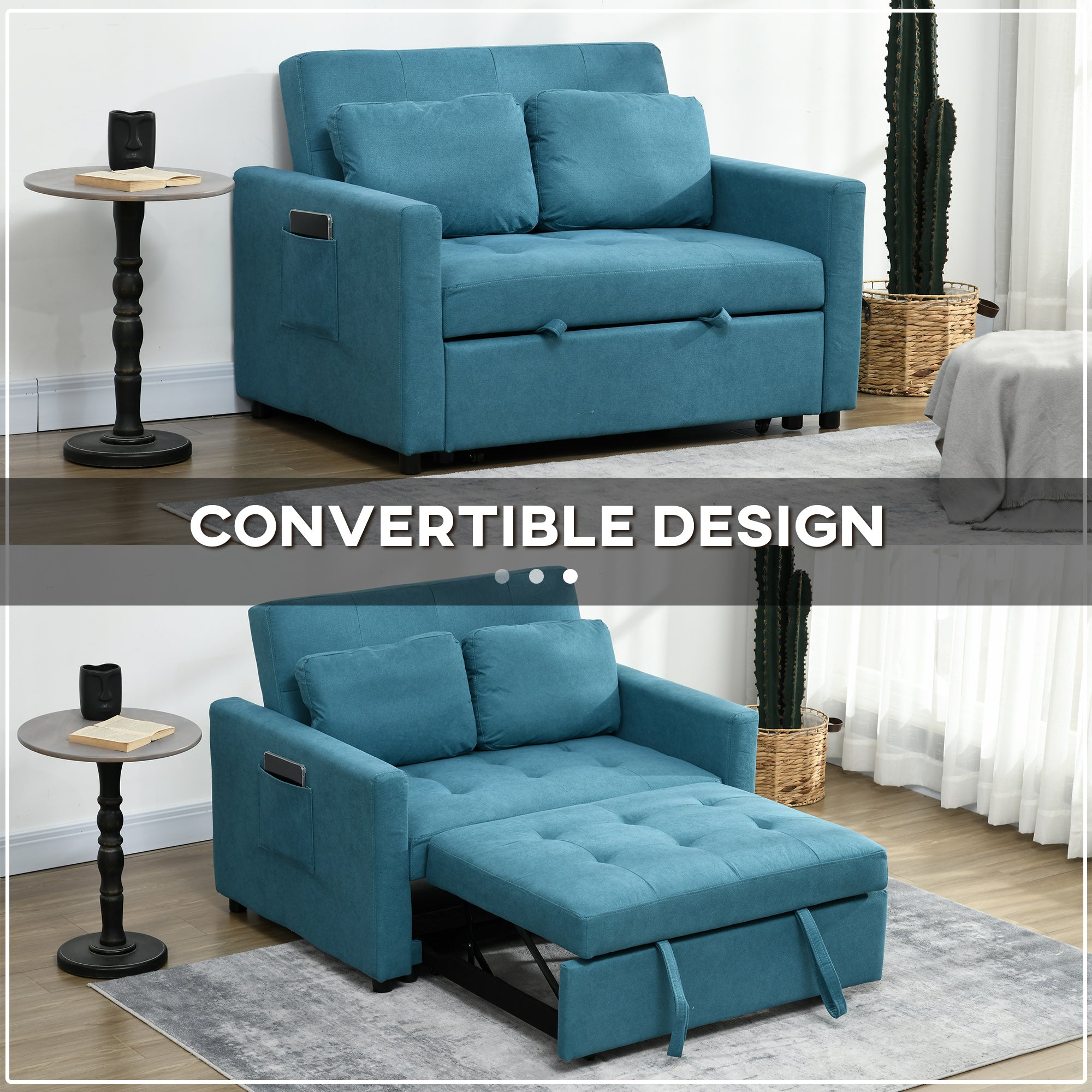 HOMCOM 2 Seater Sofa Bed, Convertible Bed Settee, Modern Fabric Loveseat Sofa Couch with 2 Cushions, Side Pockets for Living Room, Guest Room, Blue