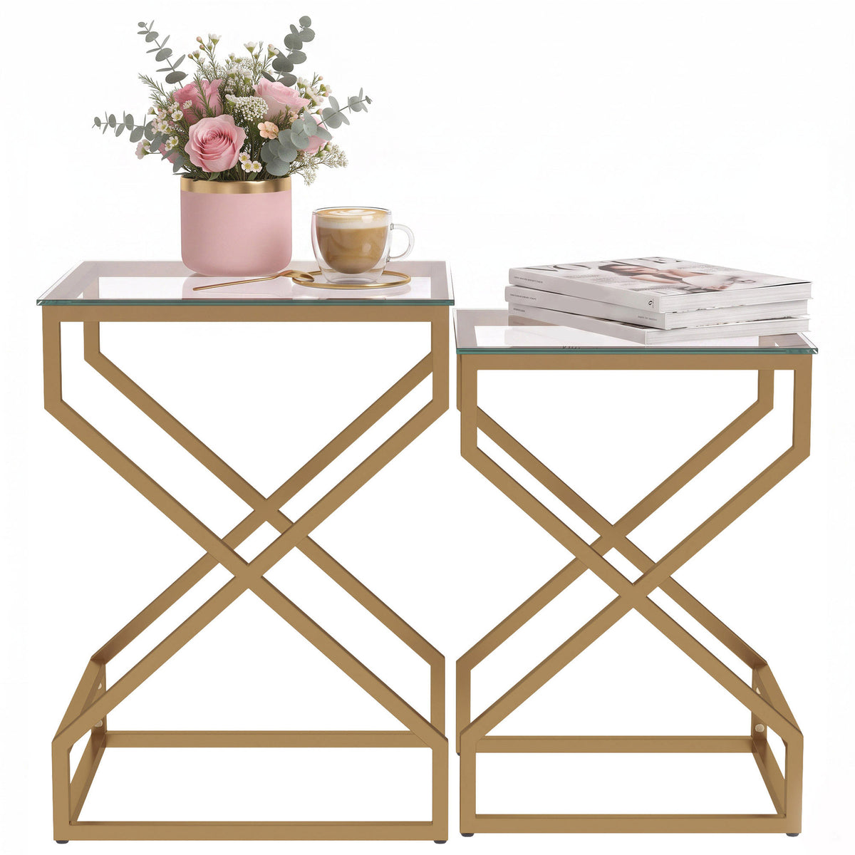 Nest of Tables, Side Table Set of 2 with Transparent Top, Coffee Table Set with Foot Pads, Steel Frame and Tempered Glass Top for Living Room Bedroom Office, Transparent