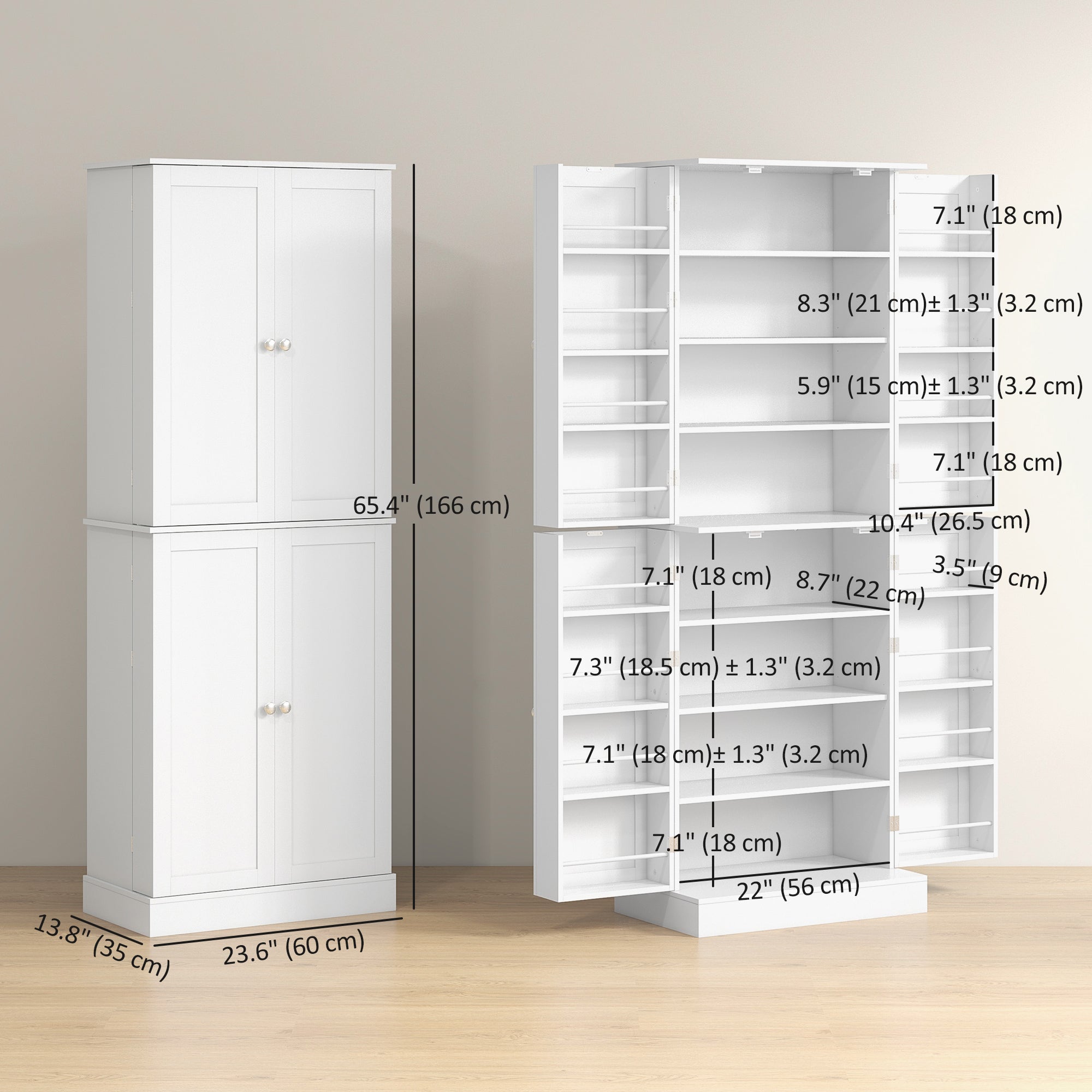 65" Kitchen Pantry Cabinet, Modern Kitchen Pantry with Doors and Shelves, Freestanding Buffet Storage Cabinet with Spice Racks for Dining Room, White