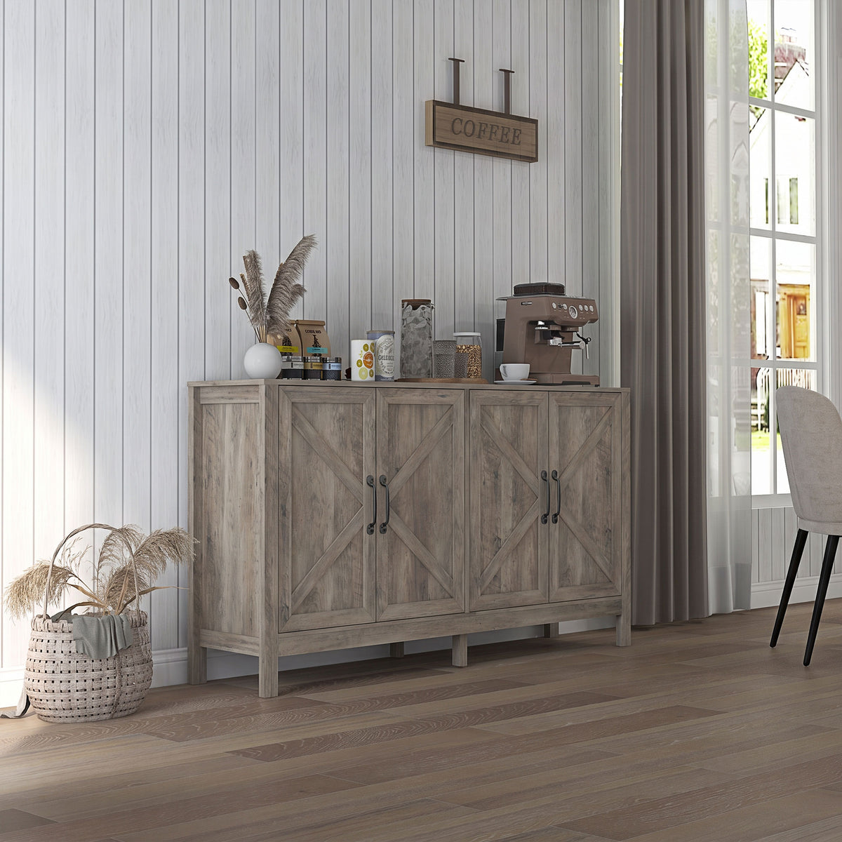 Farmhouse Kitchen Storage Cabinet, Sideboard Buffet Cabinet with 4 Barn Doors and Adjustable Shelves, Light Distressed Grey