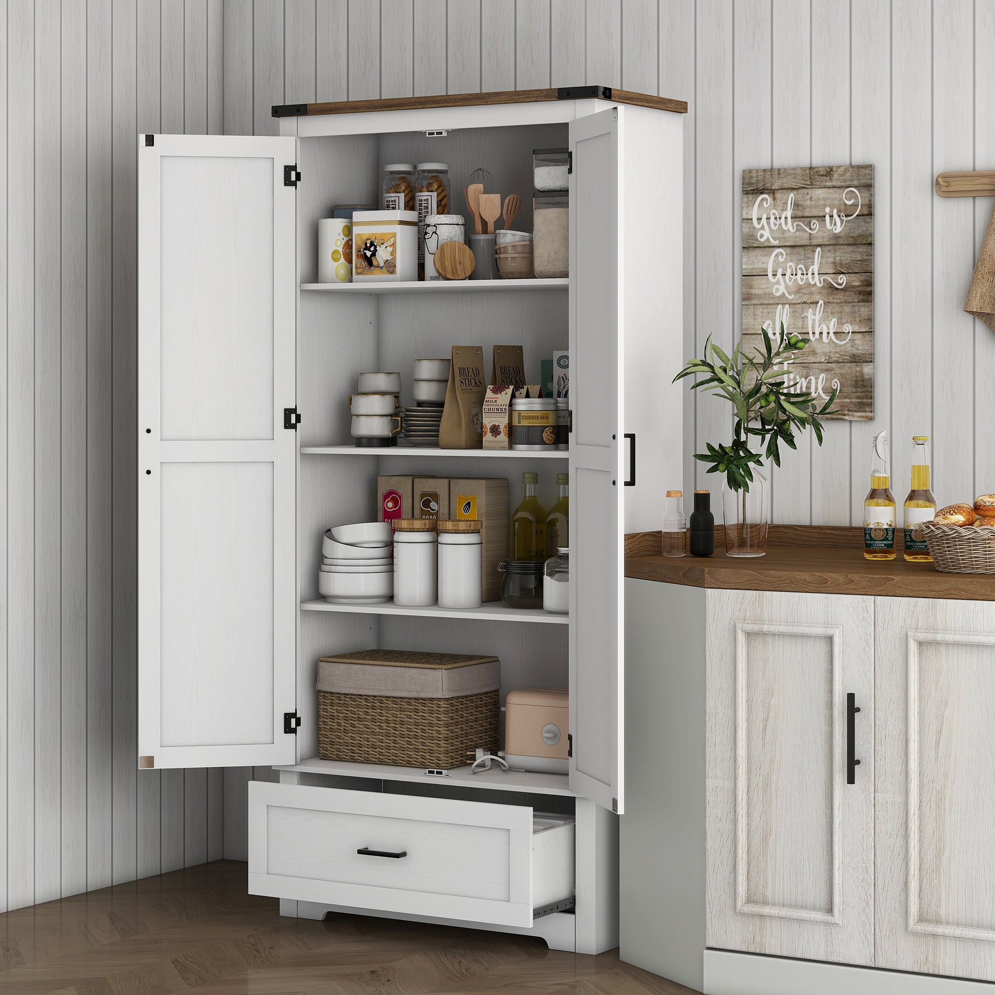 HOMCOM 69" Tall Kitchen Pantry Storage Cabinet, Farmhouse Freestanding Pantry Cabinet with 2 Doors, Drawer and Adjustable Shelves, White