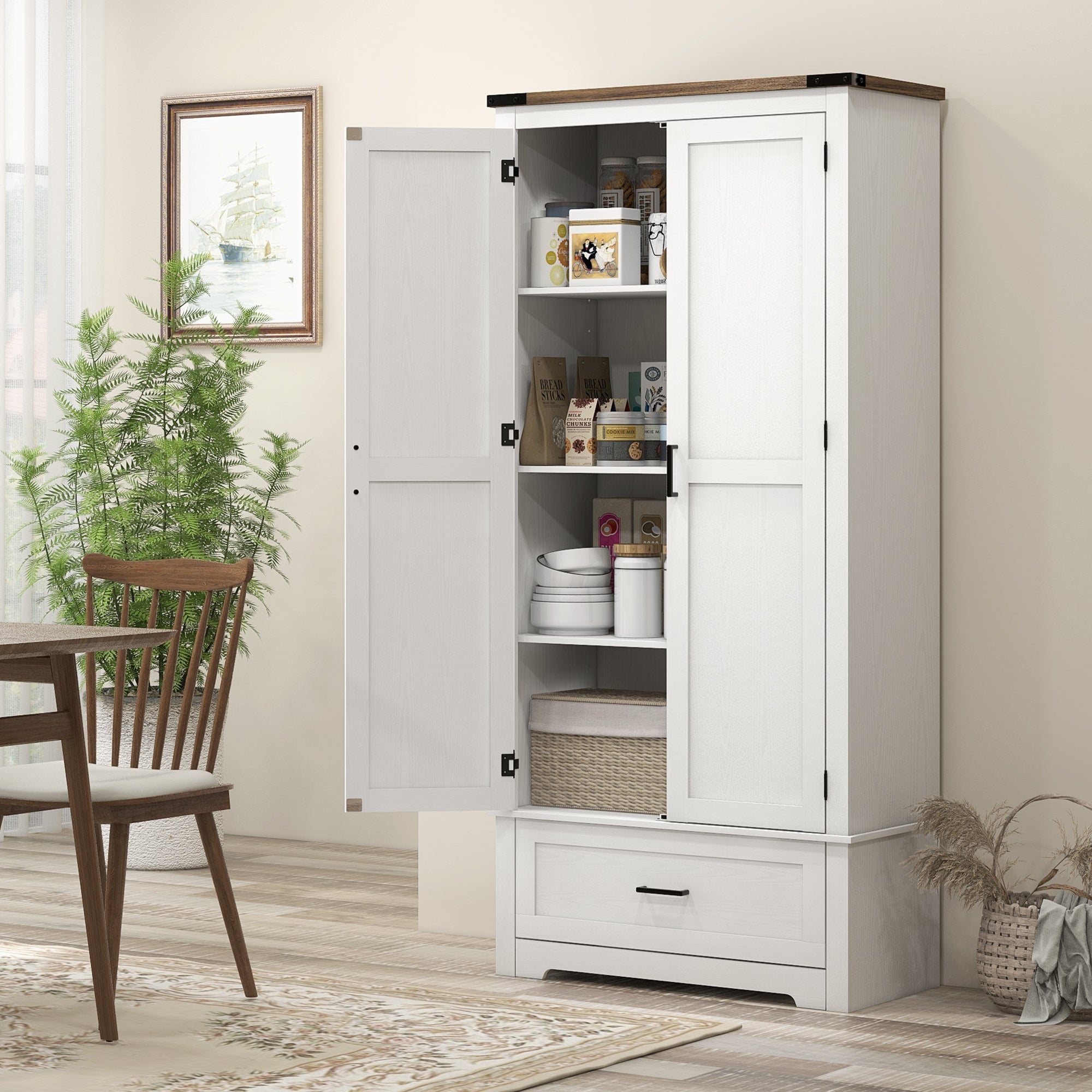 HOMCOM 69" Tall Kitchen Pantry Storage Cabinet, Farmhouse Freestanding Pantry Cabinet with 2 Doors, Drawer and Adjustable Shelves, White