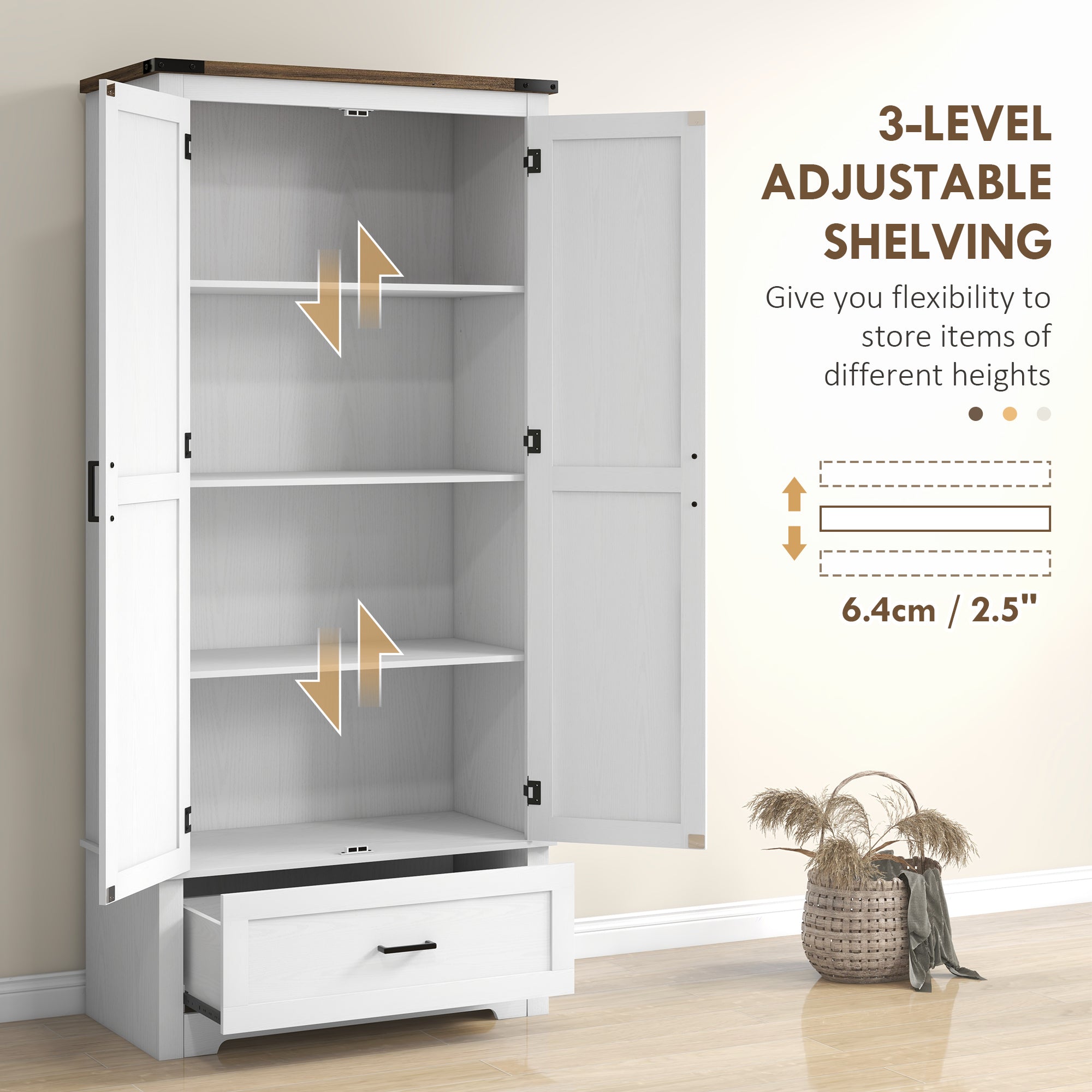 HOMCOM 69" Tall Kitchen Pantry Storage Cabinet, Farmhouse Freestanding Pantry Cabinet with 2 Doors, Drawer and Adjustable Shelves, White