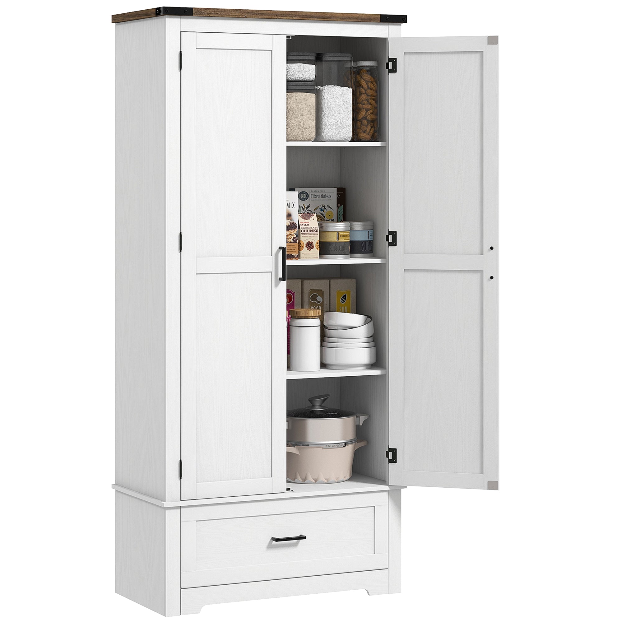 HOMCOM 69" Tall Kitchen Pantry Storage Cabinet, Farmhouse Freestanding Pantry Cabinet with 2 Doors, Drawer and Adjustable Shelves, White