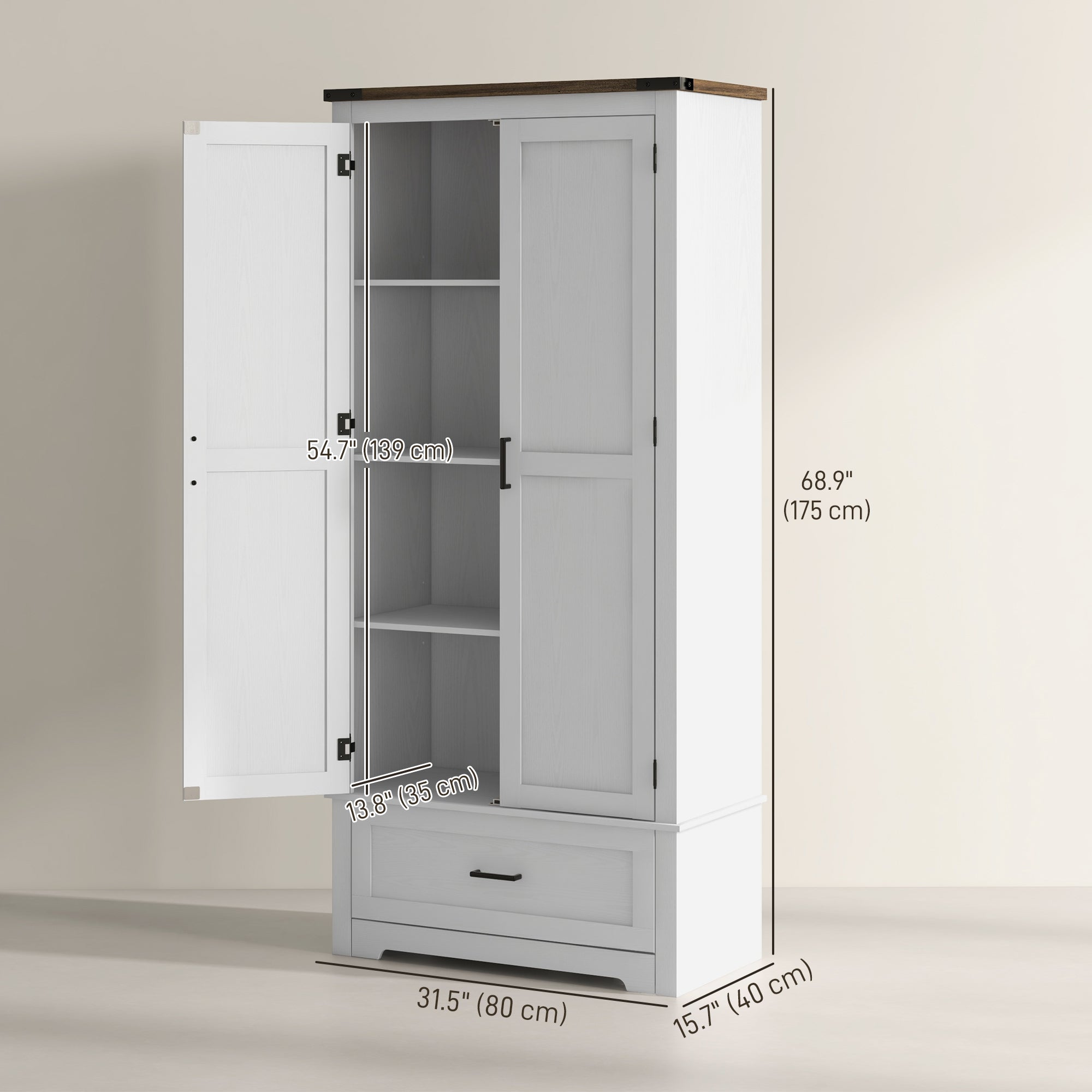 HOMCOM 69" Tall Kitchen Pantry Storage Cabinet, Farmhouse Freestanding Pantry Cabinet with 2 Doors, Drawer and Adjustable Shelves, White